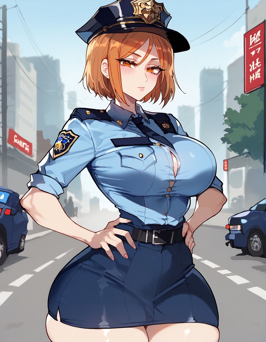 ai_generated big_ass big_breasts blush dark-skinned_male floppydisc jujutsu_kaisen kugisaki_nobara police police_hat police_officer police_uniform policewoman thiccwithaq_(ai_style) thick_thighs tight_clothing