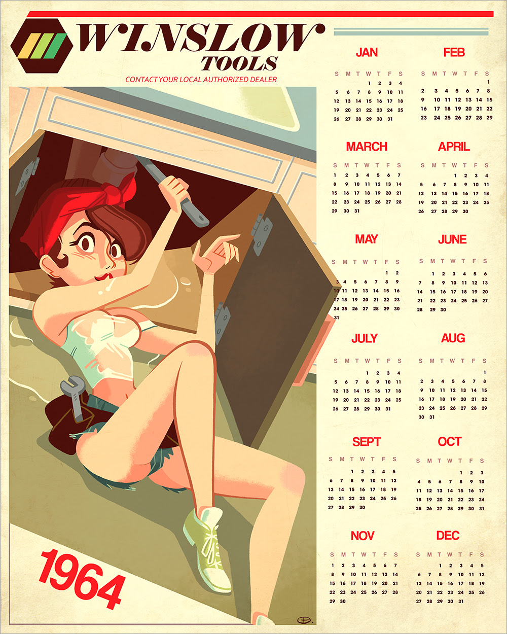 bandana breasts brown_eyes brown_hair calendar calendar_(object) crop_top eyebrows eyelashes glen_brogan jean_shorts mechanic pin_up pinup short_shorts shorts water wet wet_clothes wet_clothing wet_shirt white_shirt wrench