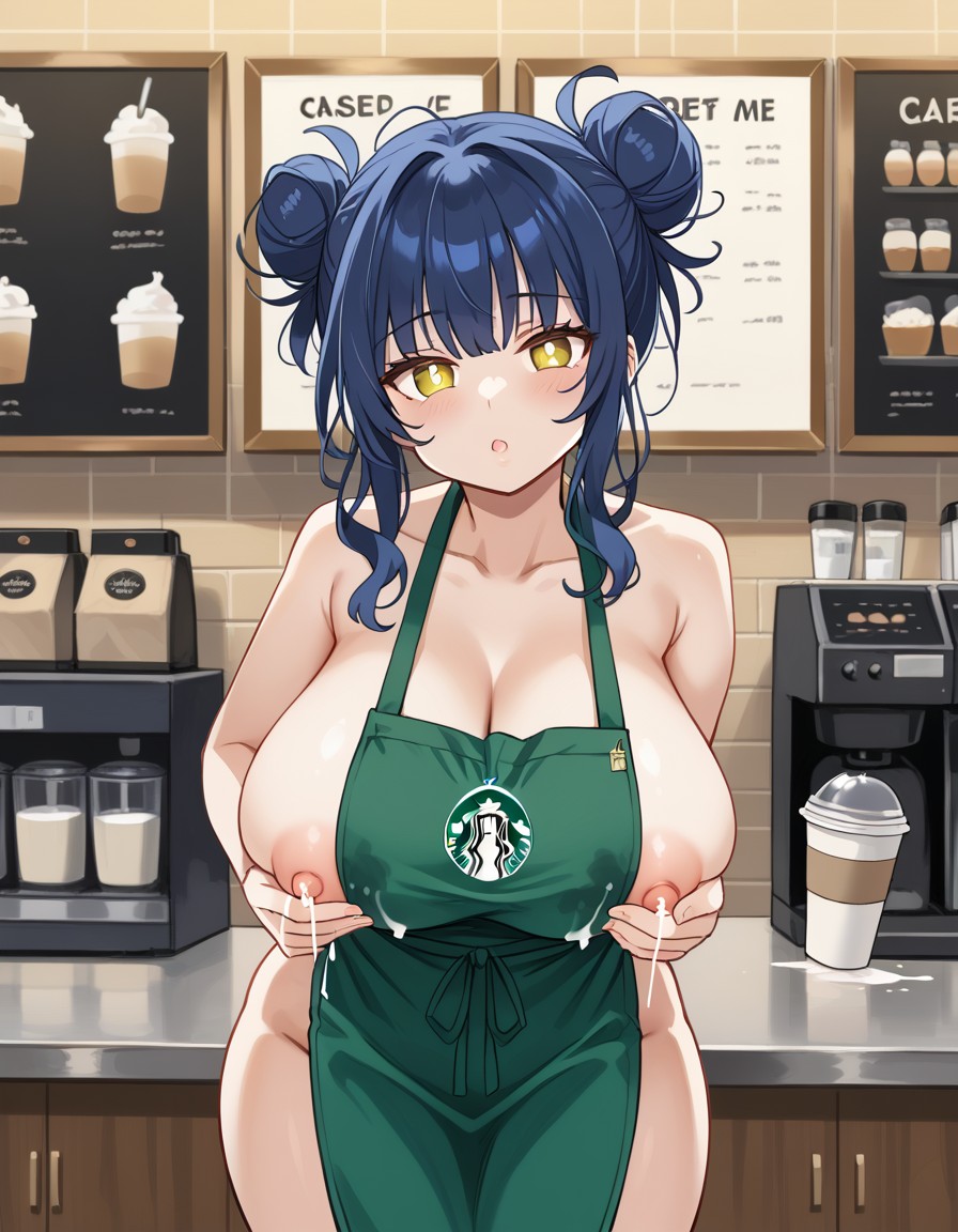 ai_generated barista big_breasts blue_frog blue_hair clothes_between_breasts double_bun exposed_breasts hair_buns holding_breast lactating lactation lactation naked_apron open_mouth yellow_eyes