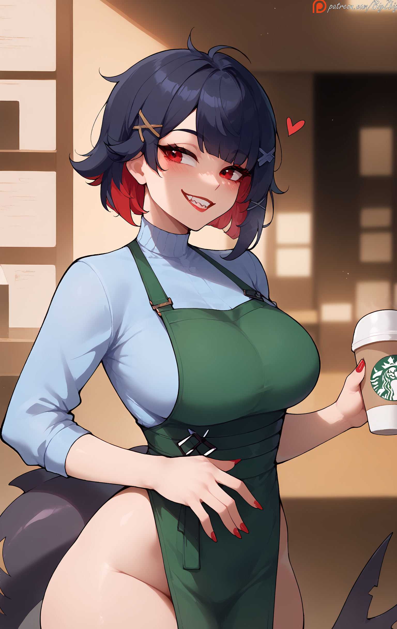 1girls, ai generated, ass, bangs, bigzbig, black hair, blush, breasts, coffee, color, colored, cup, ellen joe, female, green apron, heart, holding cup, holding object, hoyoverse, indoors, looking at viewer, medium breasts, mihoyo, multicolored hair, no panties, patreon username, red eyes, red hair, red nails, shark girl, shark tail, sharp teeth, short hair, smile, solo, starbucks, sweater, tail, teeth, thick ass, thick thighs, two-tone hair, watermark, wide hips, x hair ornament, zenless zone zero