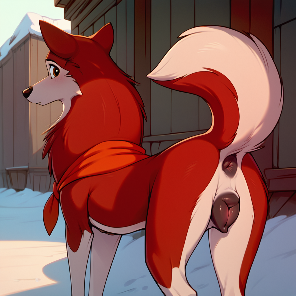 1girls ai_generated anus balto_(film) blush canine canine_pussy domestic_dog female female_only feral foxlover7796 jenna_(balto) looking_at_viewer looking_back pussy solo universal_studios