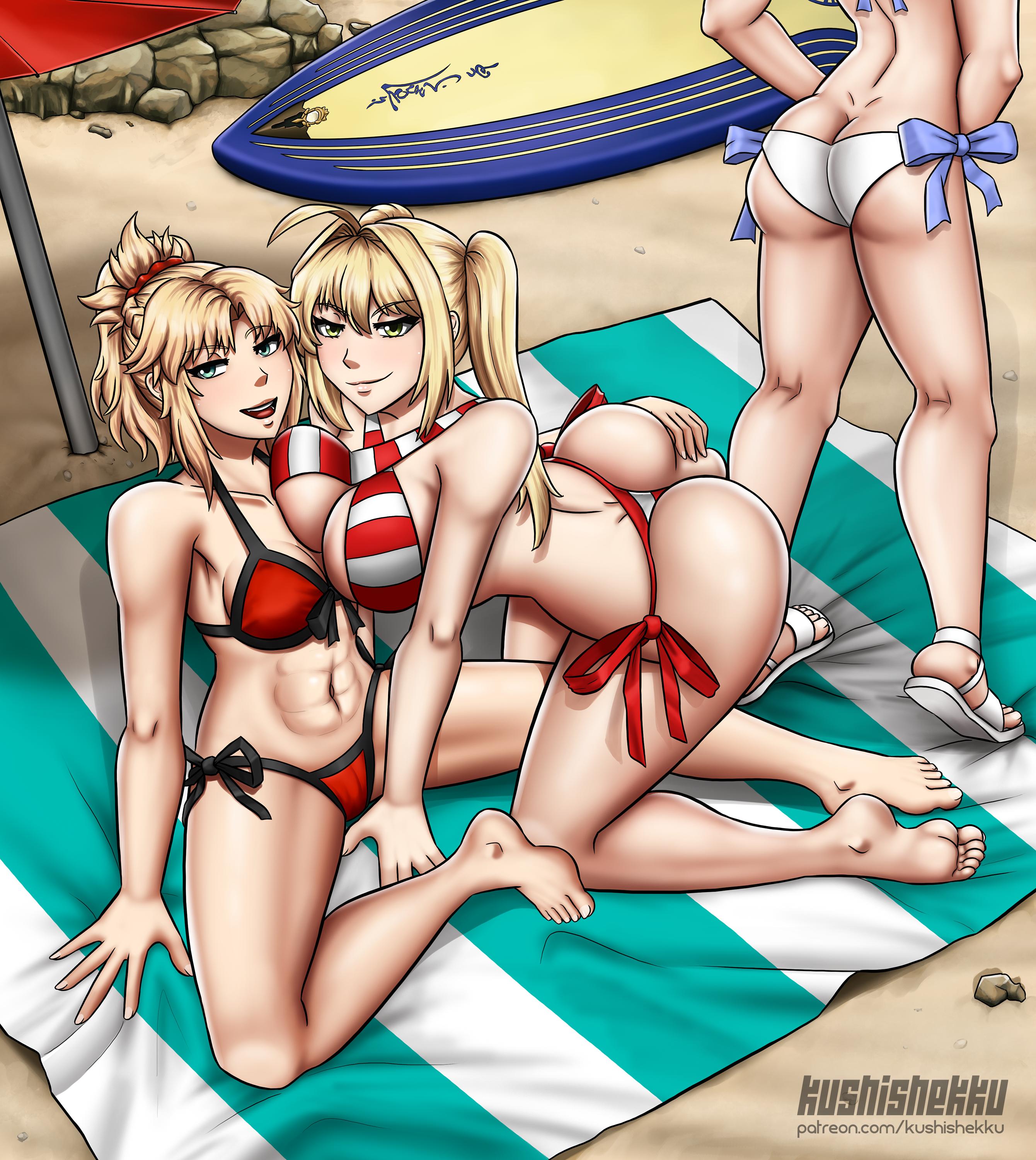 3girls, abs, absurd res, artist name, artoria pendragon, ass, ass focus, ass grab, beach, bikini, bikini bottom, bikini top, blonde hair, breasts, cleavage, clothing, curvy, fate (series), fate/apocrypha, fate/grand order, female, female only, female with female, green eyes, hair, highres, kushishekku, large ass, large breasts, mordred (fate), mordred (swimsuit rider), mother and daughter, multiple females, multiple girls, nero claudius (fate), nero claudius (swimsuit caster), panties, sandals, seductive, skindentation, surfboard, swimsuit, thong, yuri