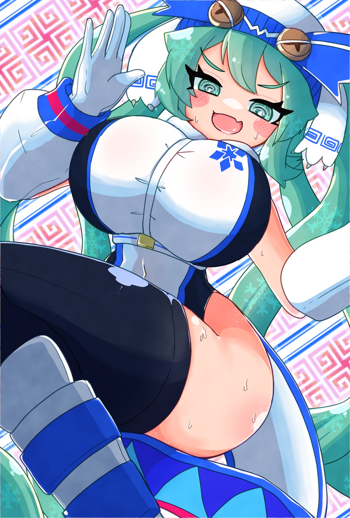 blue_eyes blue_hair bodysuit curvy_figure hatsune_miku huge_ass huge_breasts skin_tight snow_miku thick_thighs thighhighs twintails vocaloid