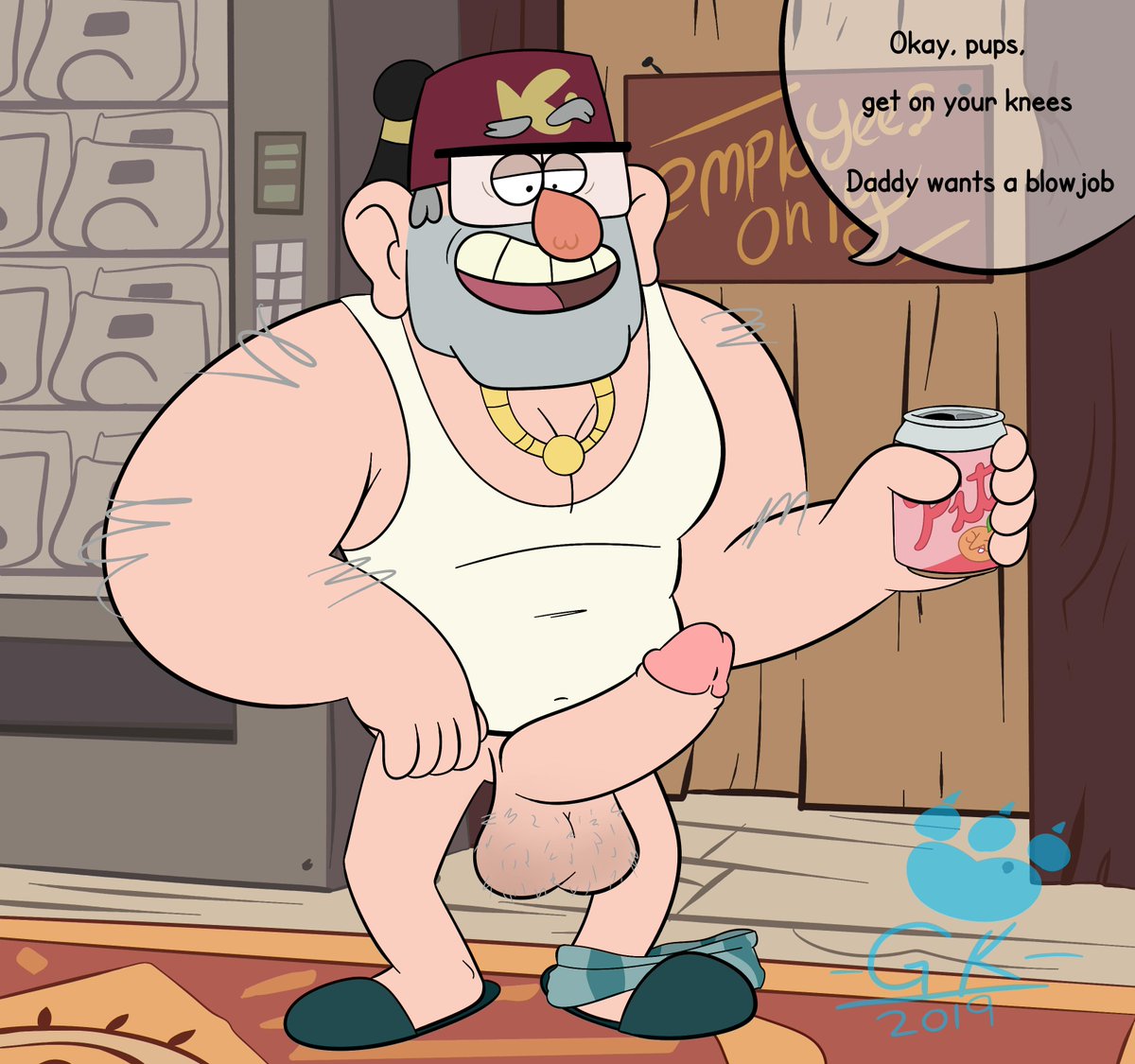 1girls, balls, big balls, big penis, boner, bottomless, dialogue, disney, disney channel, drink, erection, female, gk, glans, gravity falls, hairy balls, inside, male, male only, pants around one leg, pants down, penis, slippers, smooth skin, solo, solo male, stanley pines, talking to viewer, text, vest, watermark