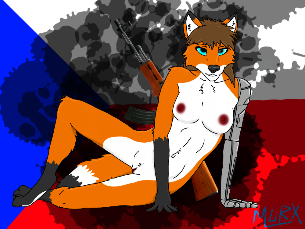 ak_47 alexandra_foxtress anthro automatic_rifle automatic_weapon blue_eyes breasts cyber_fox cybernetic_arm cybernetic_eye cybernetics female genitals gun machine pussy ranged_weapon solo themadshepherd weapon