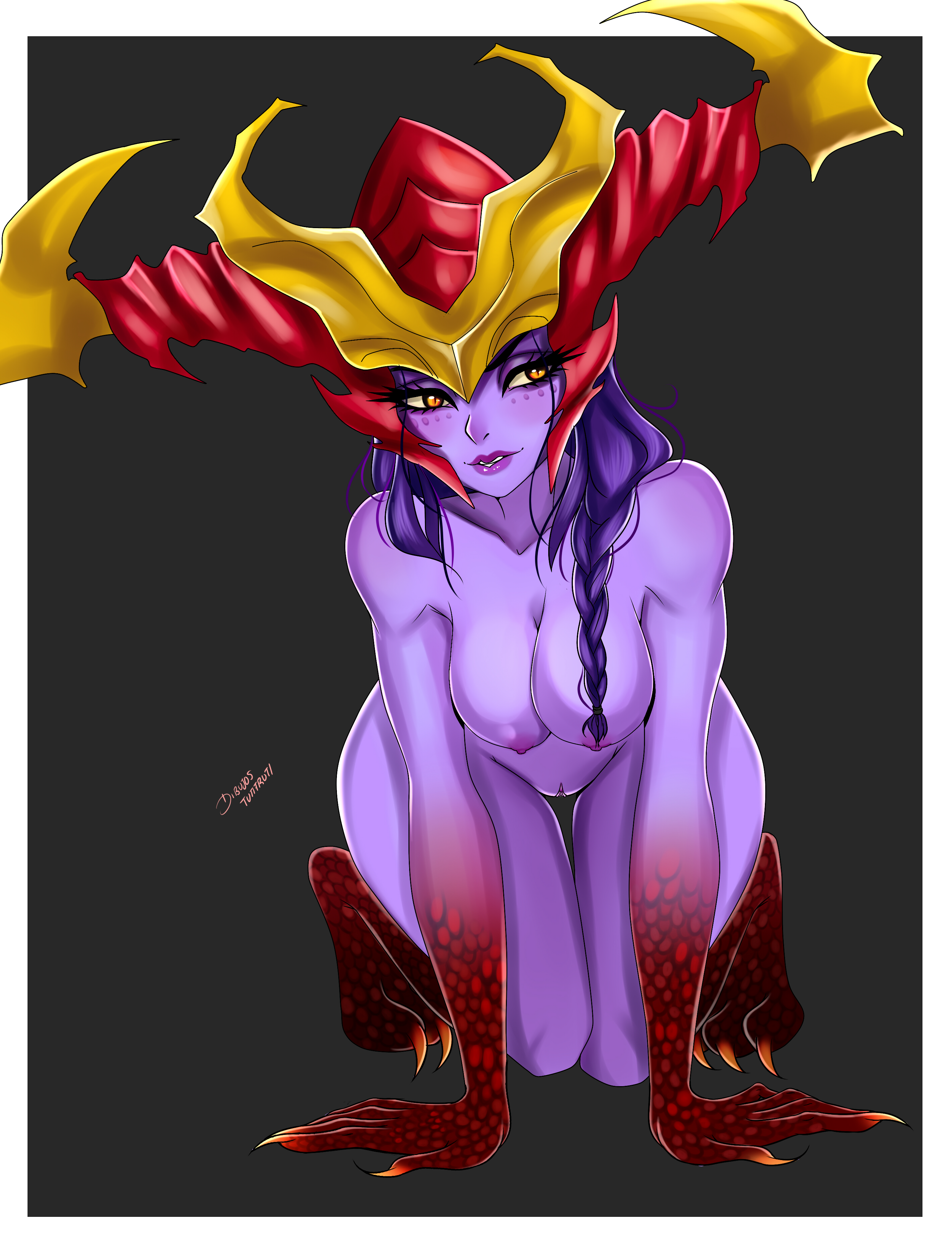 1girls, blush, breasts, dragon, elite333, female, headgear, headwear, league of legends, naked, nipples, on all fours, purple hair, purple skin, pussy, scales, shyvana, smile, thick thighs, thigh gap, vagina