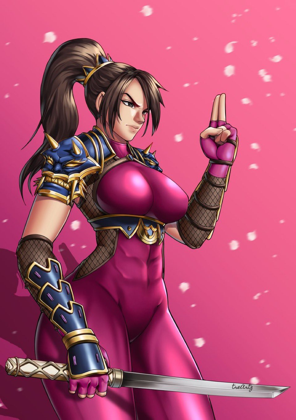 abs armor big_breasts blue_clothing brown_hair female katana pink_clothing ponytail skin_tight skintight solo solo_female soul_calibur sword taki thotlerrr toned toned_body toned_female toned_stomach treartz weapon