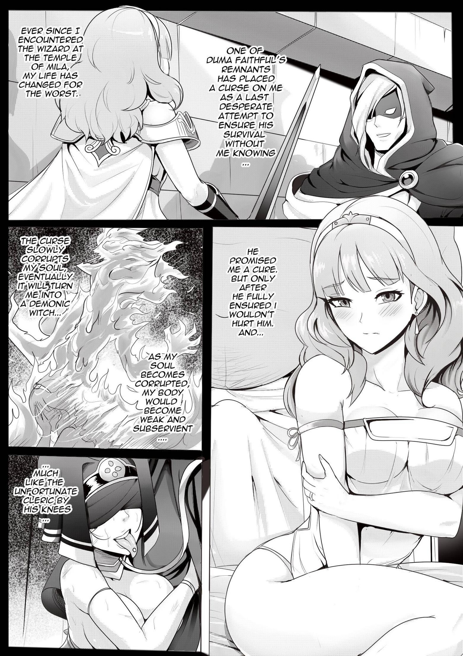2boys, 2girls, bangs, bare arms, bare shoulders, bare thighs, blackmail, blindfold, blush, breasts, cape, celica (fire emblem), cleric, collarbone, comic, corruption, curse, defeated, doujin, doujinshi, earrings, elbow gloves, english text, erection, erection under towel, fat male, female, femsub, fire, fire emblem, fire emblem echoes: shadows of valentia, frown, gloves, habit, hood, imminent rape, imminent sex, indoors, large breasts, larger male, leg grab, leg hug, looking at viewer, magic, male, maledom, married female, medium breasts, medium hair, mind control, multiple boys, multiple girls, naughty face, netorare, nightgown, nintendo, panties, piercing, priestess, queen, revealing clothes, revolverwingstudios, ring piercing, robe, royalty, short hair, shoulders, slave, smaller female, smile, standing, sweat, sword, temple, text, thighs, tiara, tongue, tongue out, tongue piercing, topless, underwear, weapon, wedding ring, wide hips, witch, witch (fire emblem), worried