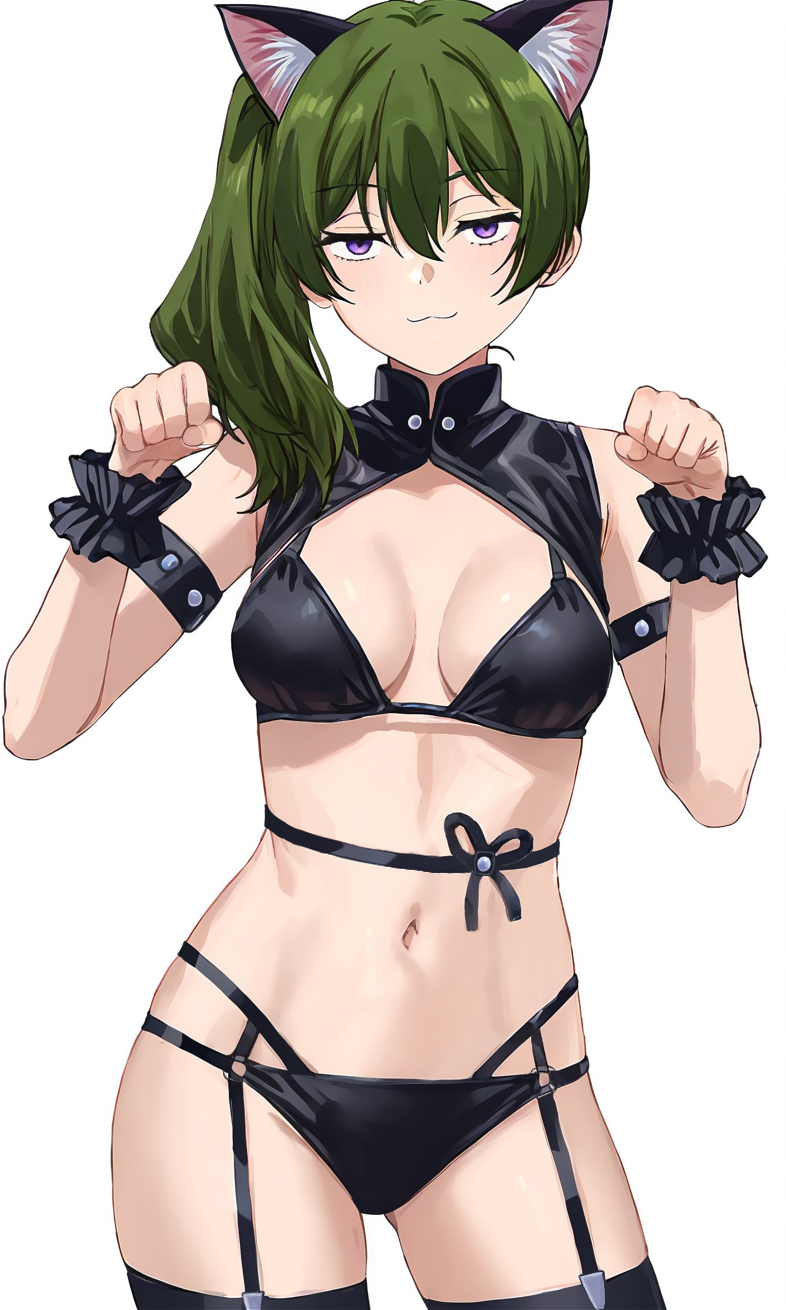 1girls, ai generated, animal ears, belly button, bikini, breasts, cat ears, eyebrows visible through hair, female, female only, green hair, hair between eyes, lingerie, long hair, looking at viewer, n3vermind mir, nekomimi, purple eyes, solo, sousou no frieren, ubel (sousou no frieren)