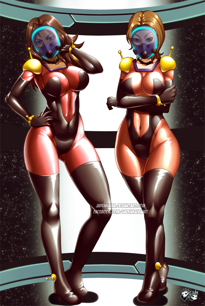 2girls amida_arca atlus bodysuit breasts brown_eyes brown_hair dark-skinned_female dark_skin g_gundam gas_mask green_eyes gundam gundam_tekketsu_no_orphans hand_on_head hands_on_hips high_heel_boots huge_breasts jadenkaiba kashiwagi_noriko latex latex_suit looking_at_viewer mobile_trace_suit multiple_girls persona persona_4 spandex