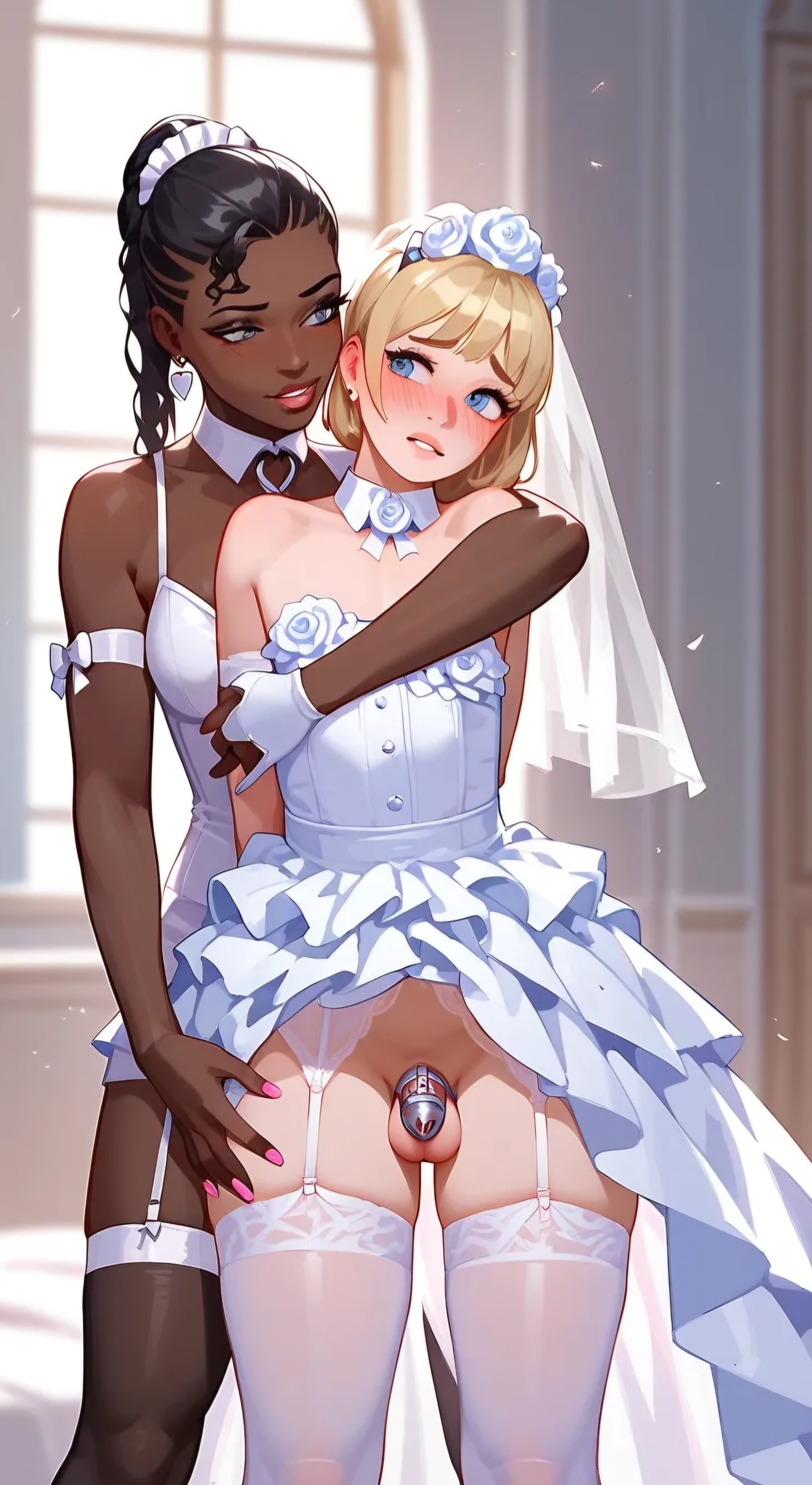 2d, ai generated, chastity cage, embarrassed, femboy, hugging from behind, interracial, male, sissy, wedding lingerie