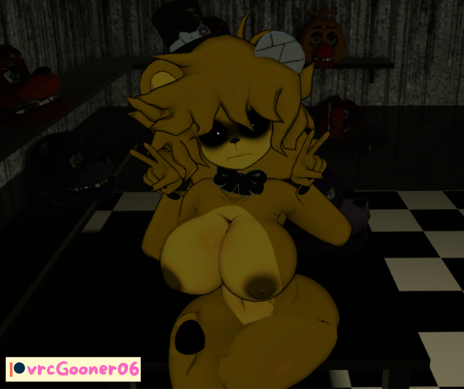 3d big_breasts fazclaire's_nightclub five_nights_at_freddy's fnaf fredina's_nightclub golden_freddy_(fnaf) golden_fredina_(cally3d) large_breasts peace_sign sitting solo_female type_0 vrcgooner06 vrchat