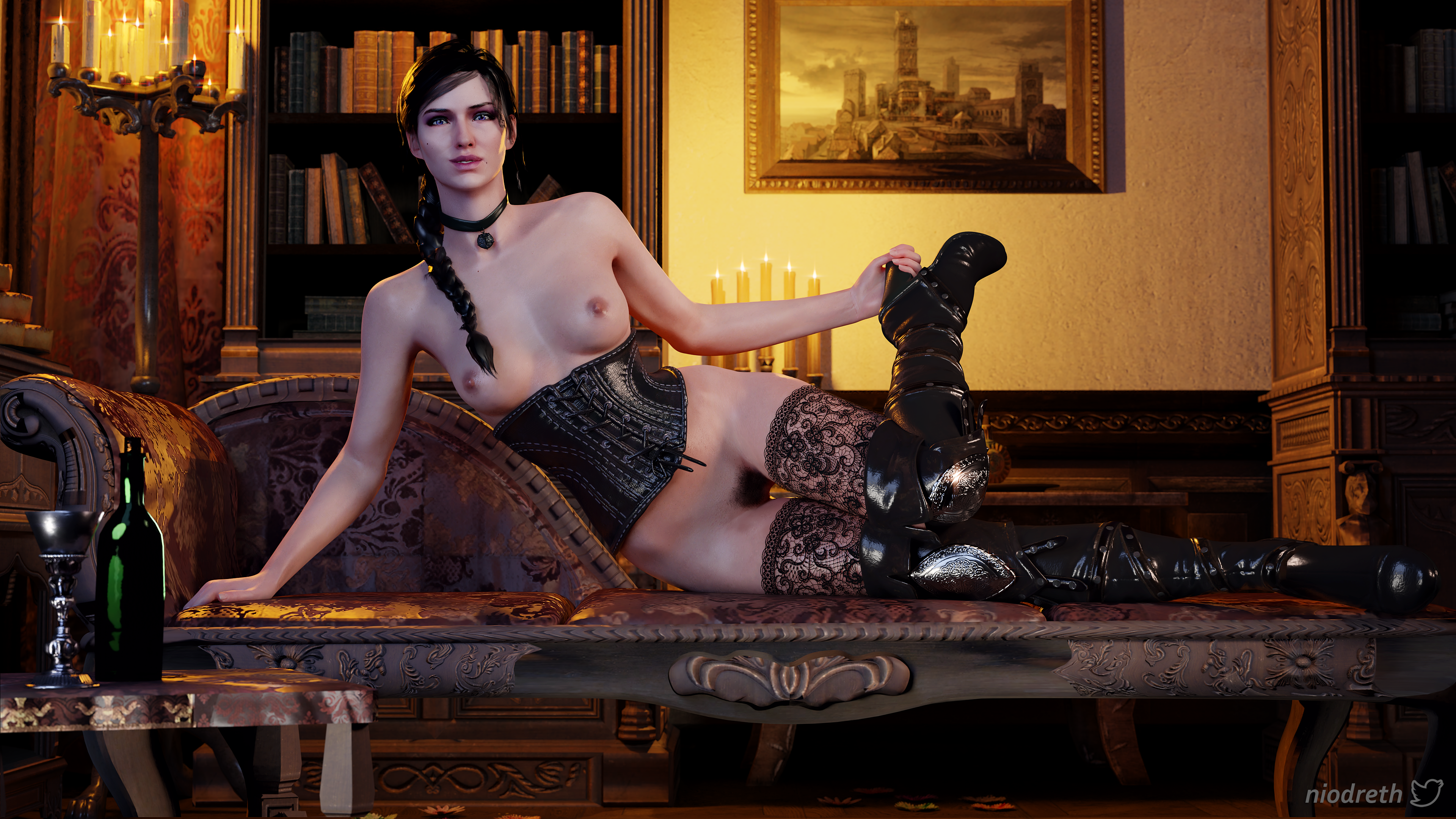 3d, areolae, black hair, breasts, cd projekt red, female, female only, laying on side, looking at viewer, niodreth, nipples, partially clothed, solo, the witcher (series), the witcher 3: wild hunt, thighhighs, yennefer