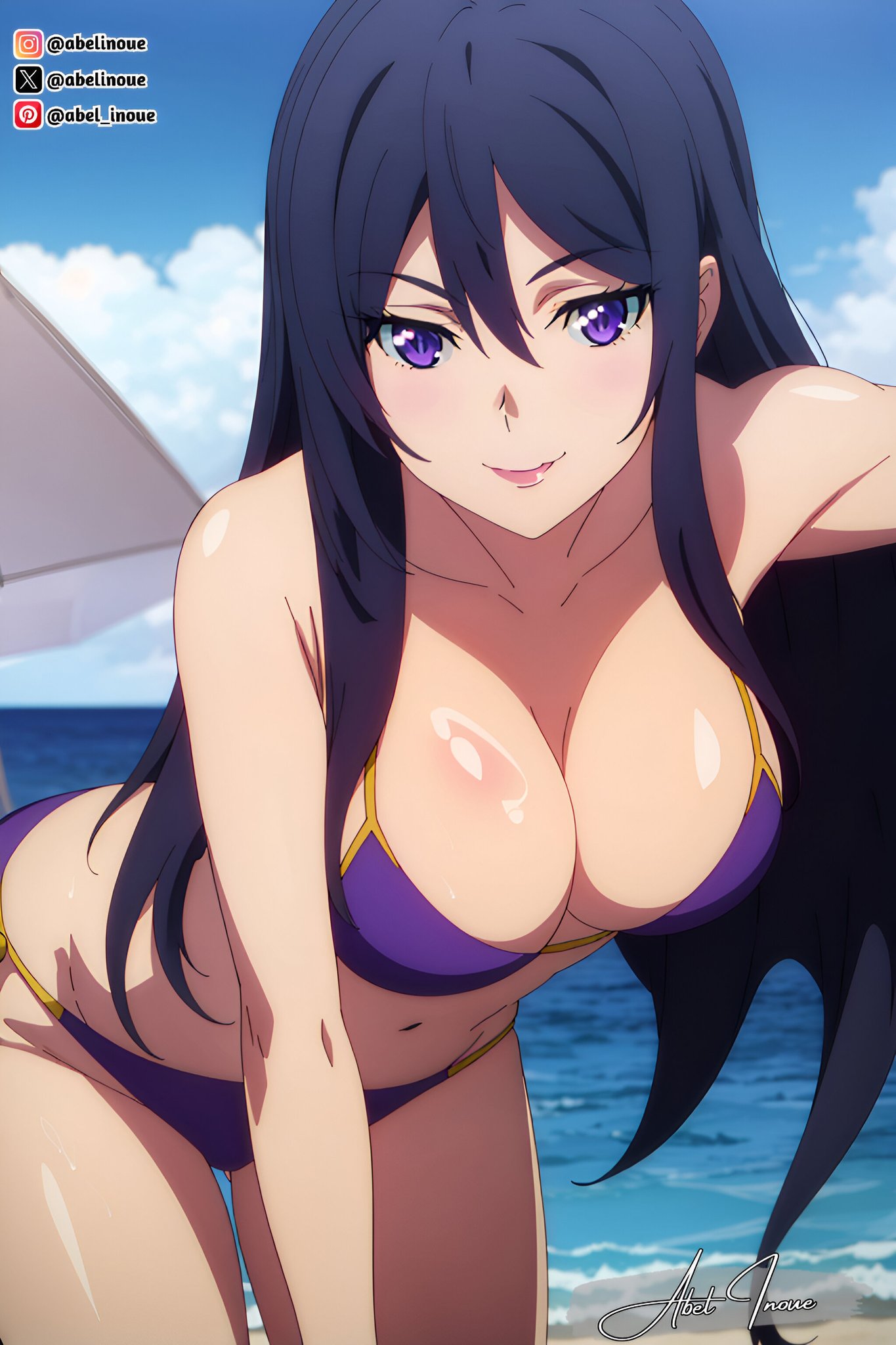 1girls ai_generated bending_forward bikini breasts cefiro looking_at_viewer maougun_saikyou_no_majutsushi_wa_ningen_datta on_bed purple_eyes purple_hair smile solo solo_female solo_focus witch