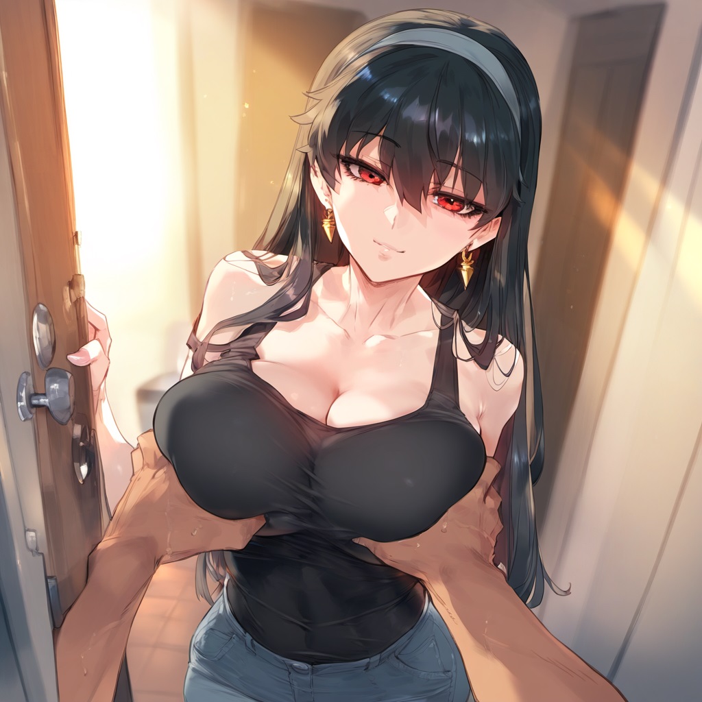 1boy 1girls ai_generated benisman big_breasts black_hair breast_grab breasts cleavage hands_on_breasts huge_breasts mature_female pov red_eyes spy_x_family tank_top yor_briar