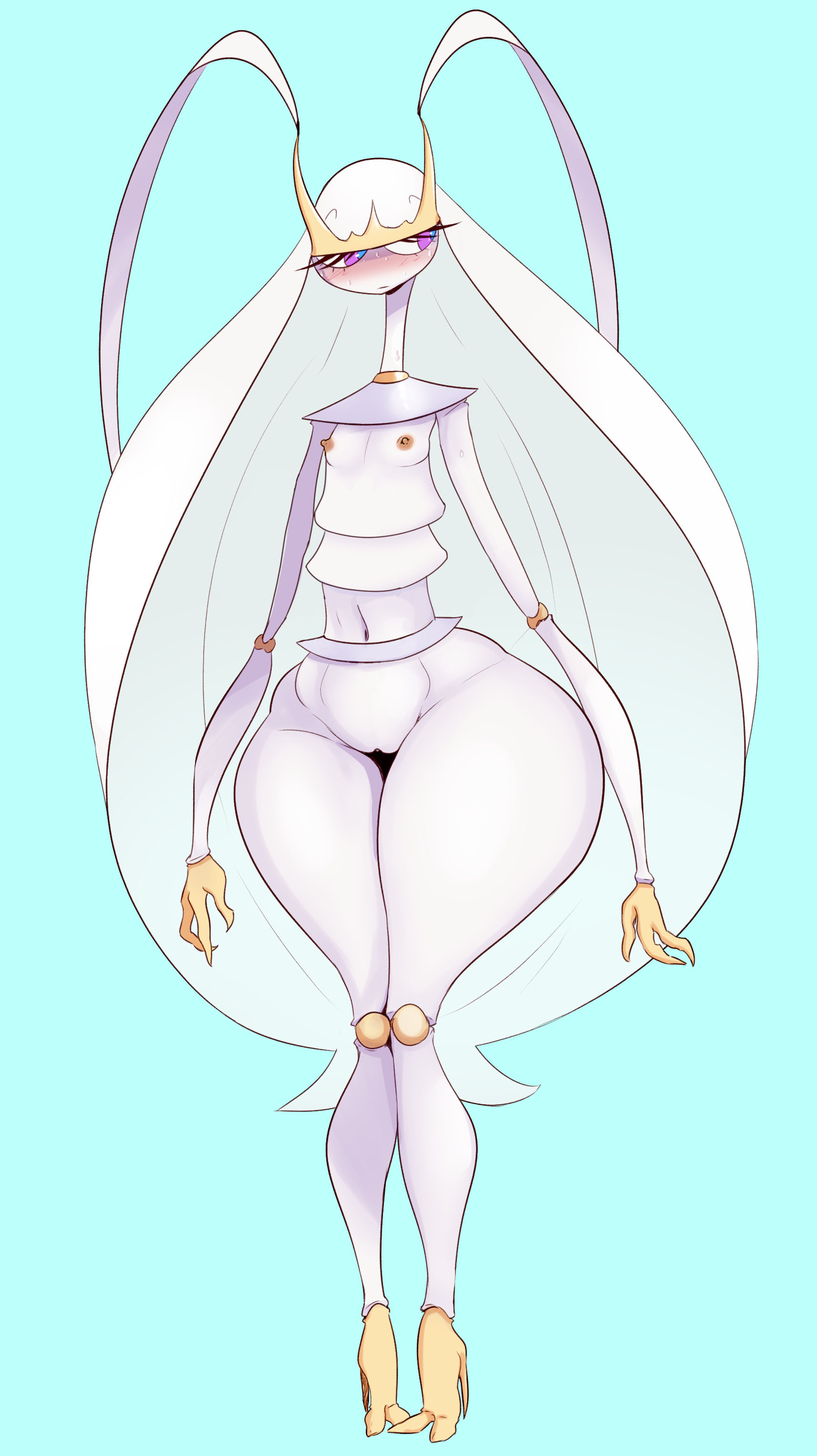 1girls, antennae, areolae, breasts, female, female only, flat chest, high heels, insect, long legs, nintendo, nipples, pheromosa, pokémon (species), pokemon, pokemon (species), pokemon sm, pussy, small breasts, solo, sunnysundown, thick thighs, white skin, wide hips