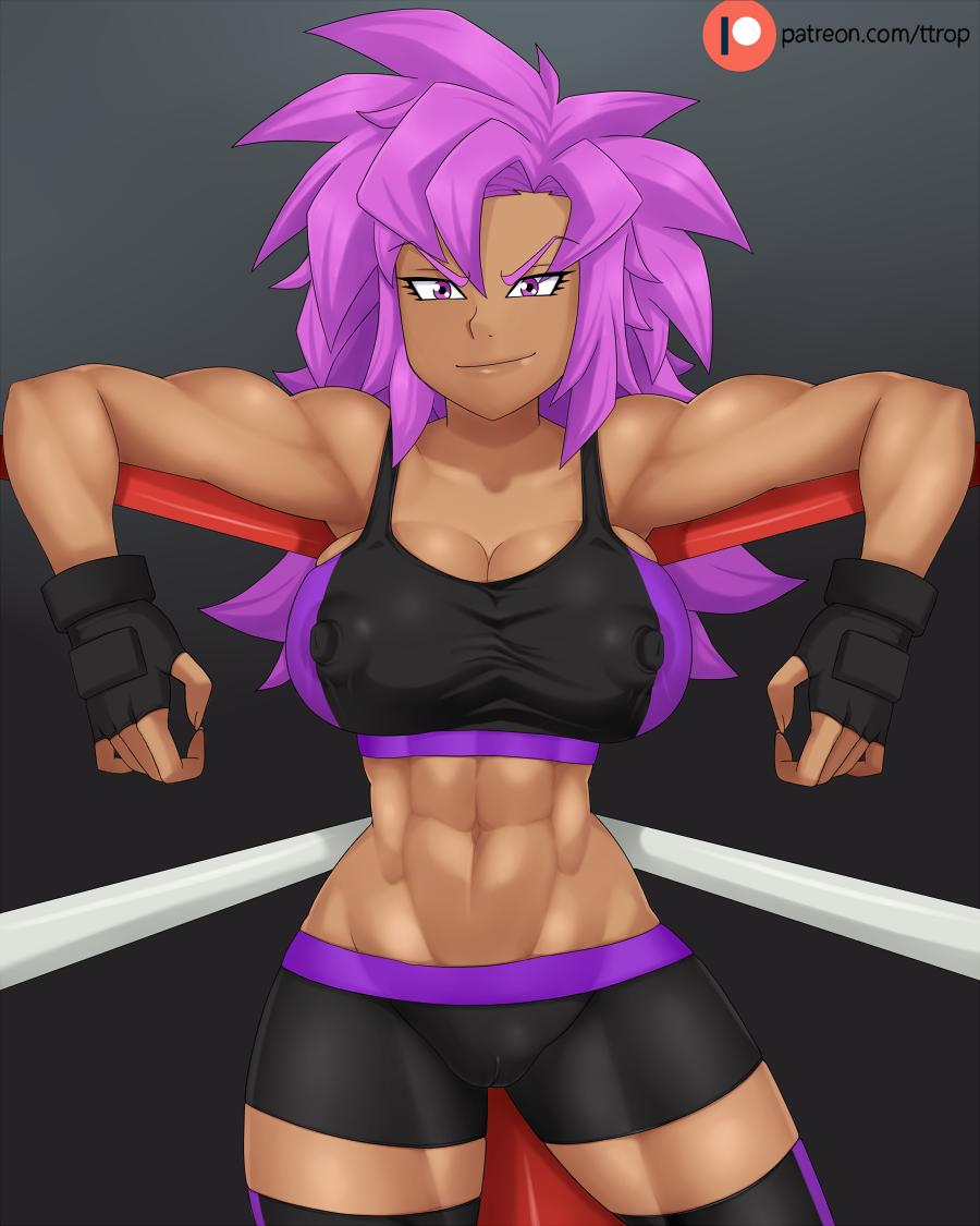 abs, breasts, dark skin, dark-skinned female, dragon ball, dragon ball xenoverse, erect nipples, female, female only, huge breasts, muscular, muscular female, naughty face, nipples, original character, pink hair, saiyan, seductive, seductive smile, smile, thick thighs, ttrop