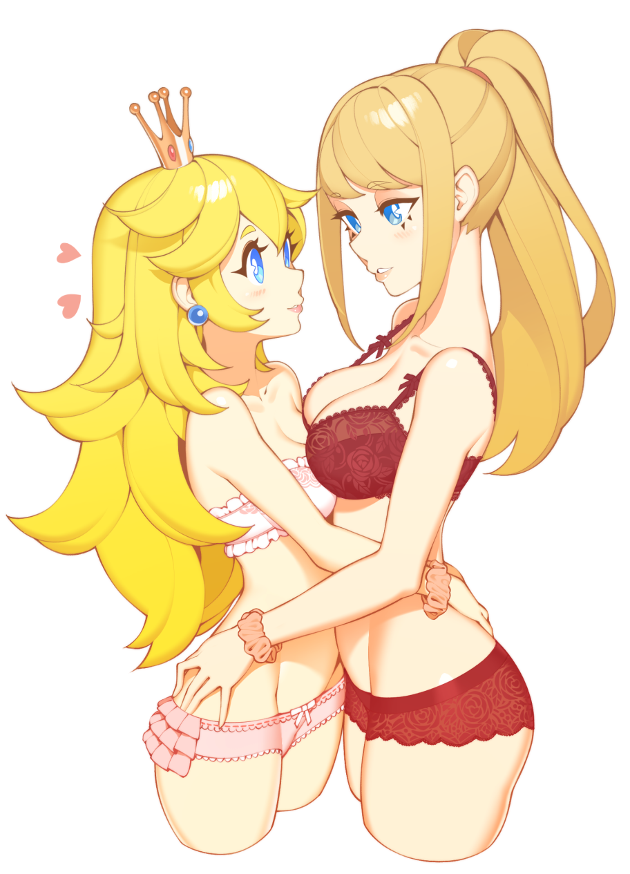 2girls ass big_breasts blonde_hair blue_eyes blush bra breasts cleavage clothing crossover crown digital_media_(artwork) earrings eye_contact female female_focus female_only halphelt heart hug large_breasts light_skin lingerie long_hair long_ponytail looking_at_another looking_at_each_other looking_at_partner mario_(series) medium_breasts metroid multiple_girls nintendo panties pink_bra pink_lingerie pink_panties ponytail princess_peach red_bra red_lingerie red_panties samus_aran scrunchie simple_background standing thighs tied_hair underwear underwear_only white_background yuri