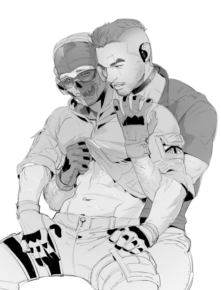 balaclava call_of_duty call_of_duty:_modern_warfare_2 dominant_male gay gloves grabbed_from_behind greyscale groping_from_behind hairy_male imminent_sex john_mactavish male/male male_focus male_human male_only monochrome no_visible_genitalia scar_across_eye sexually_suggestive shirt_lift shirt_up simon_riley submissive_male suggestive suplokku2 yaoi