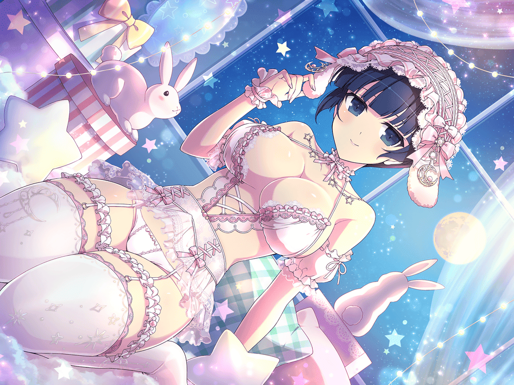 bare_arms bare_shoulders bed bed_sheet big_breasts blue_eyes blue_hair blush body_blush breasts cleavage closed_mouth collarbone feet feet_out_of_frame garter_belt garter_straps lingerie marvelous official_art panties senran_kagura senran_kagura_new_link shiny_skin short_hair sideboob sitting skirt smile thick_thighs thighhighs thighs underboob underwear white_lingerie white_panties white_thighhighs yaegashi_nan yozakura_(senran_kagura) zettai_ryouiki