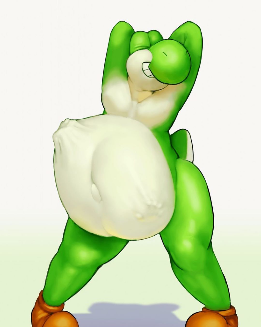 anthro, belly bulge, big belly, eyes closed, furry, mario (series), reptile, riskysquid, shoes, smiling, thick thighs, thighs, vore, vore belly, yoshi