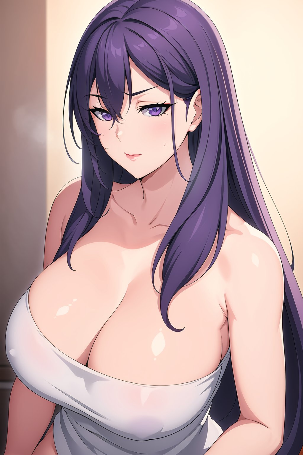 1girls ai_generated cefiro kisaku_kk77 maougun_saikyou_no_majutsushi_wa_ningen_datta on_bed purple_eyes purple_hair see-through smile solo solo_female solo_focus towel towel_only witch