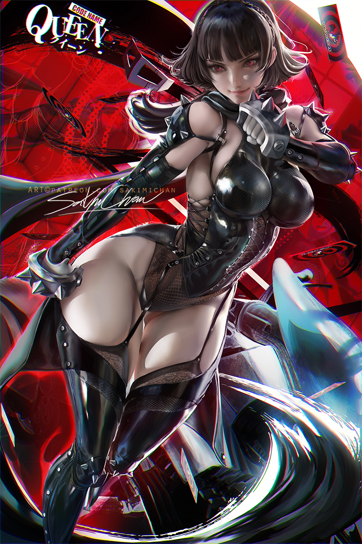 1girls, big breasts, breasts, cleavage, clothing, female, female only, garter belt, human, johanna (persona), large breasts, makoto niijima, makoto niijima (queen), motorcycle, persona, persona (species), persona 5, phantom thief suit, pinup, sakimichan, solo, thick thighs, thighhighs, vehicle