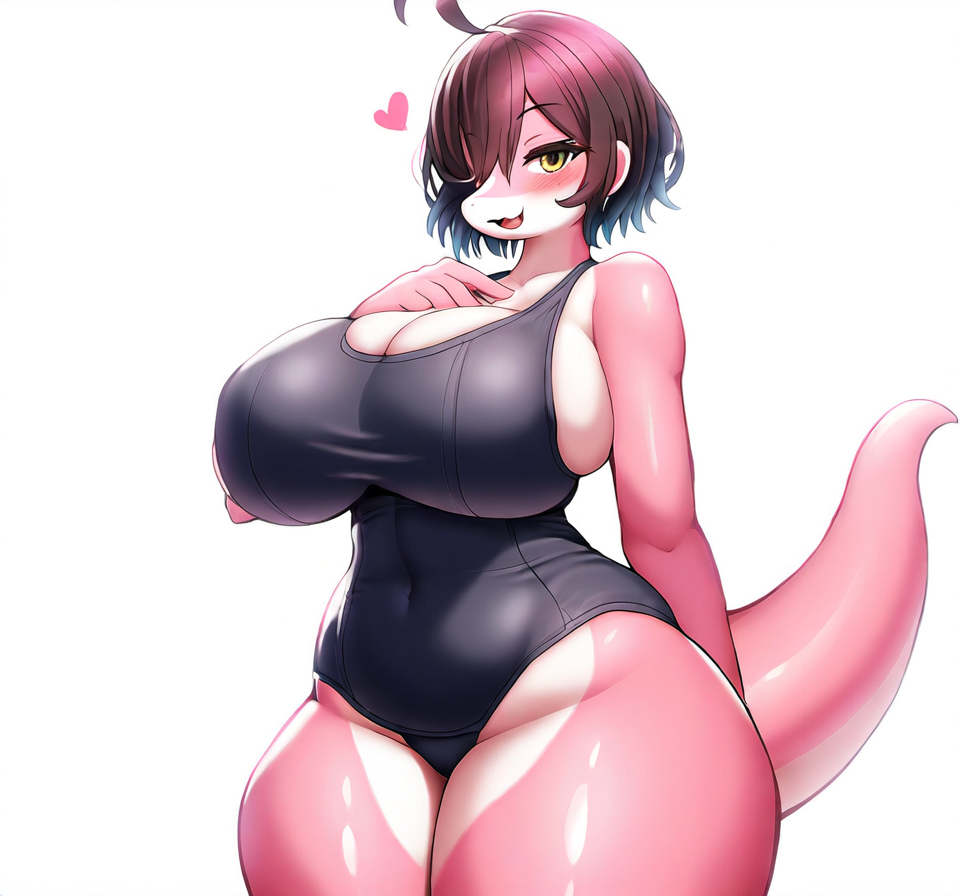 ai_generated belly big_breasts fat_ass hair heart huge_ass huge_breasts huge_thighs lizard_girl looking_at_viewer original_character pink_body swimsuit tagme tail thick_thighs