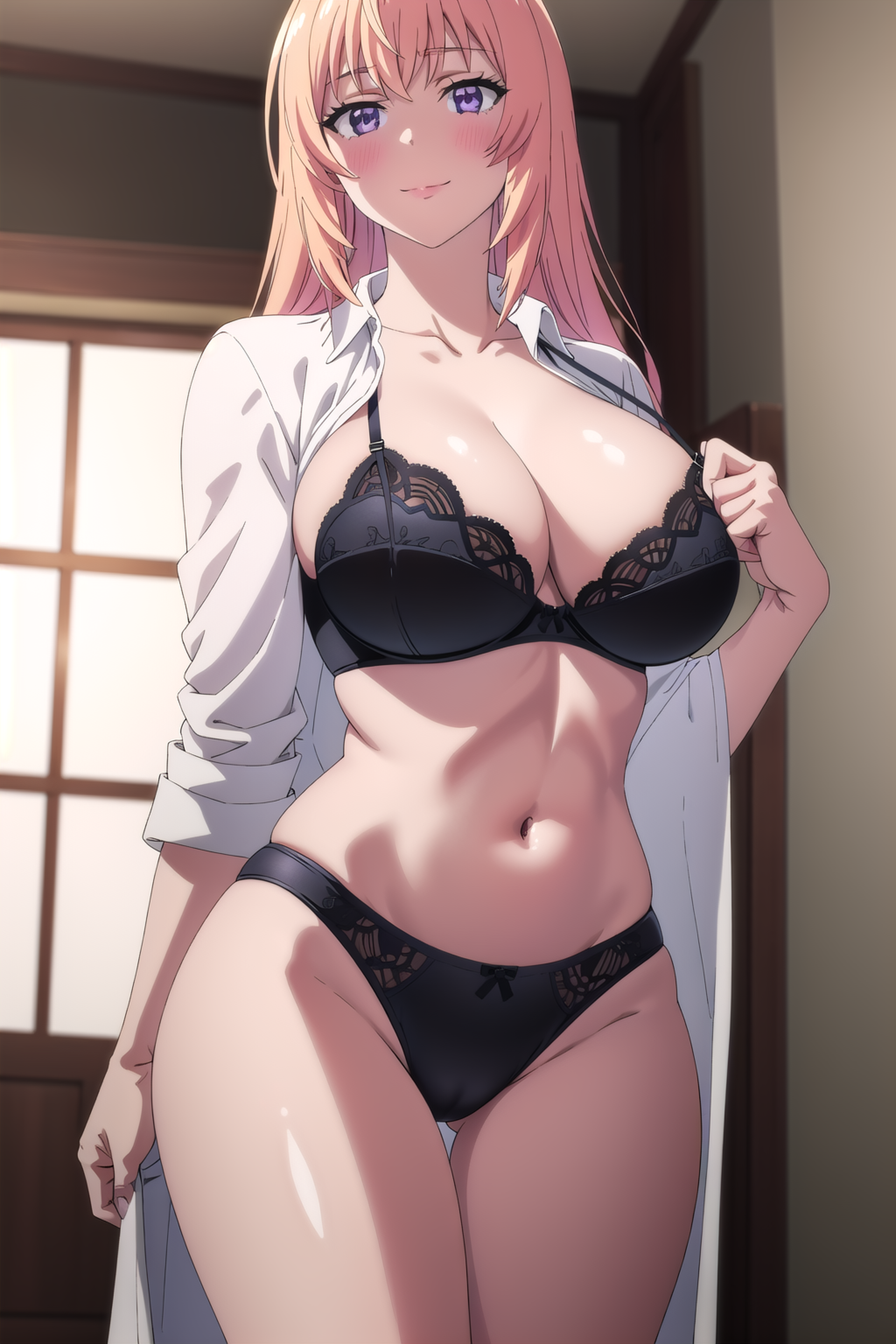 ai generated, arisato yu, big breasts, black lingerie, breasts, classroom of the elite, female, ichinose honami (cote), lingerie