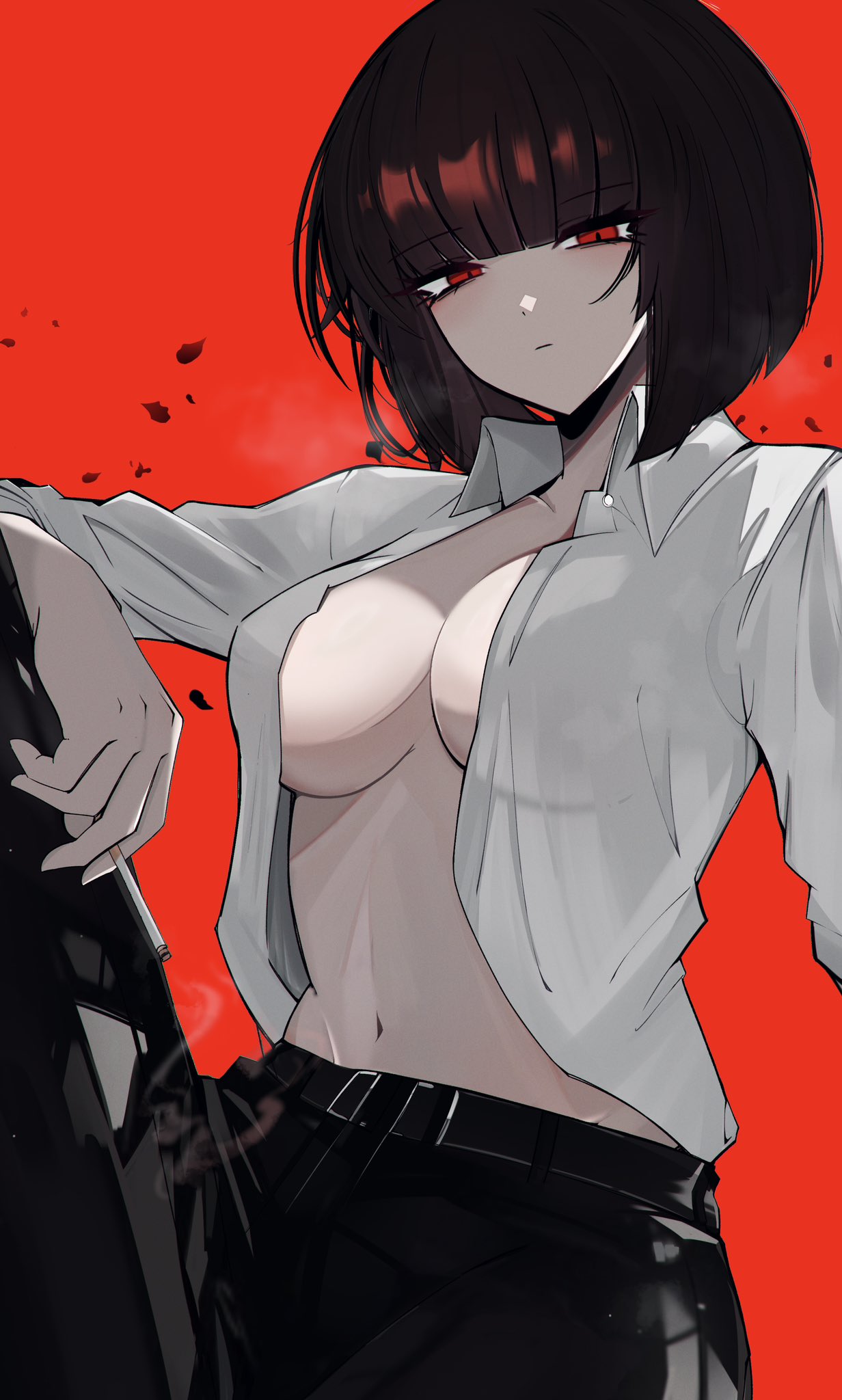 1girls, black hair, black legwear, bob cut, breasts, breasts out, cigarette, cigarette in hand, collared shirt, cool, eyebrows visible through hair, eyelashes visible through hair, female, female only, focus on human, limbus company, limited palette, looking at viewer, m ayonessa, no bra, open shirt, partially clothed, project moon, red background, red eyes, red theme, ryoshu (limbus company), short hair, smug, sole female, white shirt