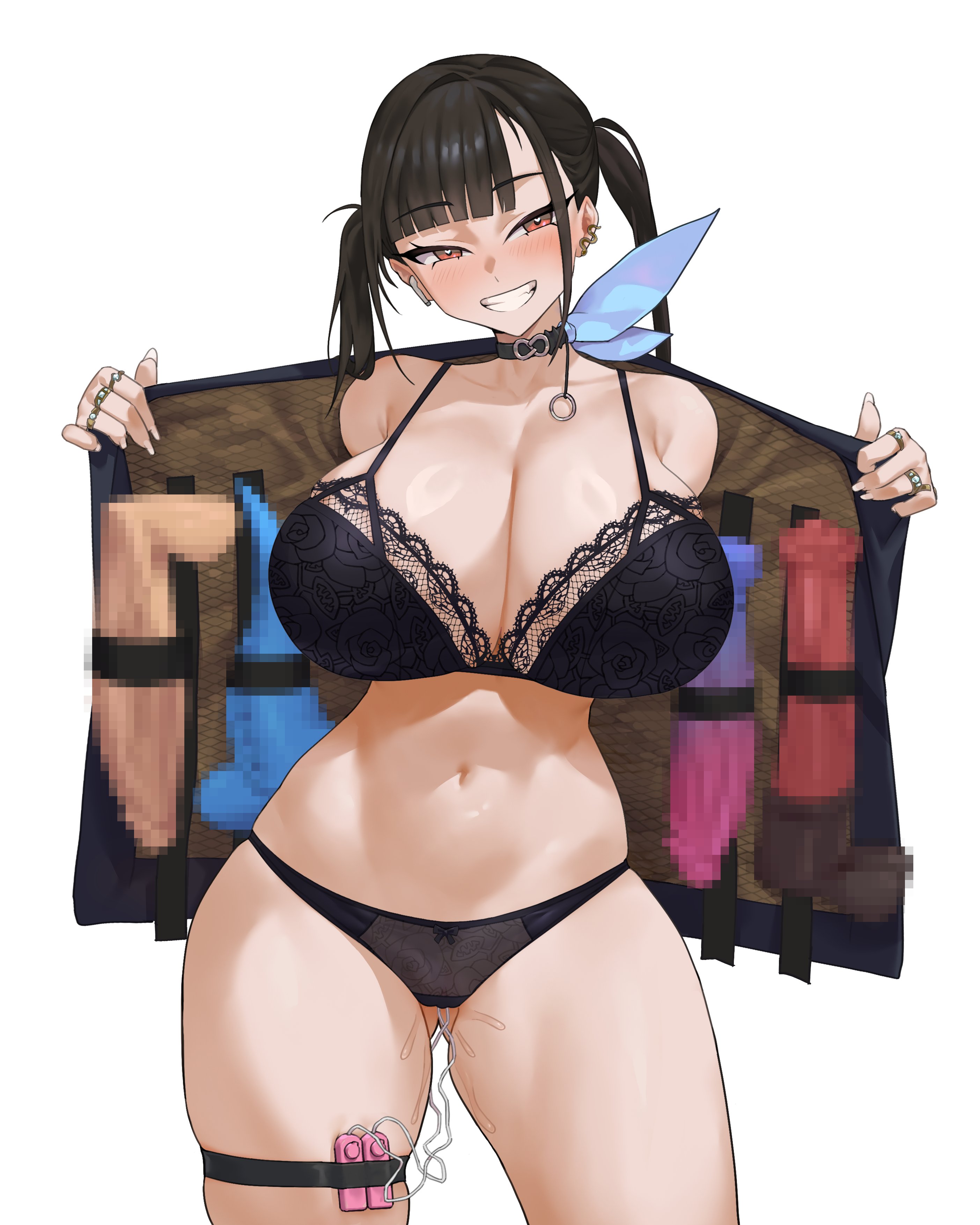1girls, anchanindigo, big breasts, black hair, blush, breasts, censored, dildo, female, goddess of victory: nikke, horsecock dildo, huge breasts, jewelry, looking at viewer, red eyes, sex toy, smile, sora (nikke), tagme, vibrator, vibrator cord