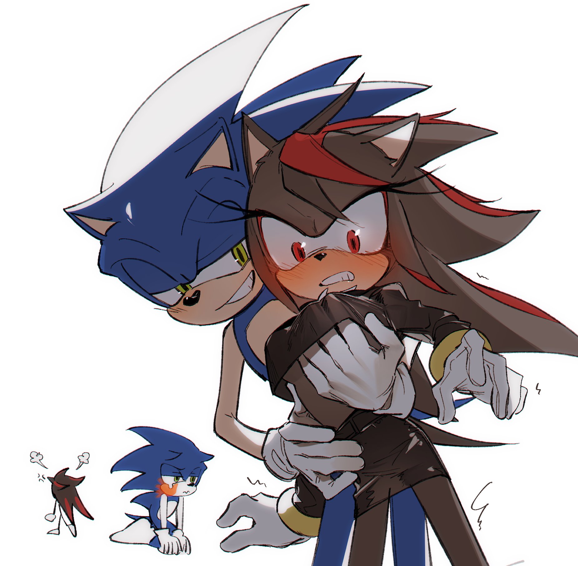 1boy, 1girls, anger vein, angry, breasts, dubious consent, eulipotyphlan, eyelashes, female, genderswap (mtf), green eyes, groping, groping breasts, half-closed eyes, hands under clothes, lidded eyes, male, pervert, pervert male, red eyes, rule 63, satosi peter, sexual harassment, shade the hedgehog, shadow the hedgehog, shaking, shocked, slap, smug, sonic (series), sonic the hedgehog, sonic the hedgehog (series), surprised, tomboy, white background