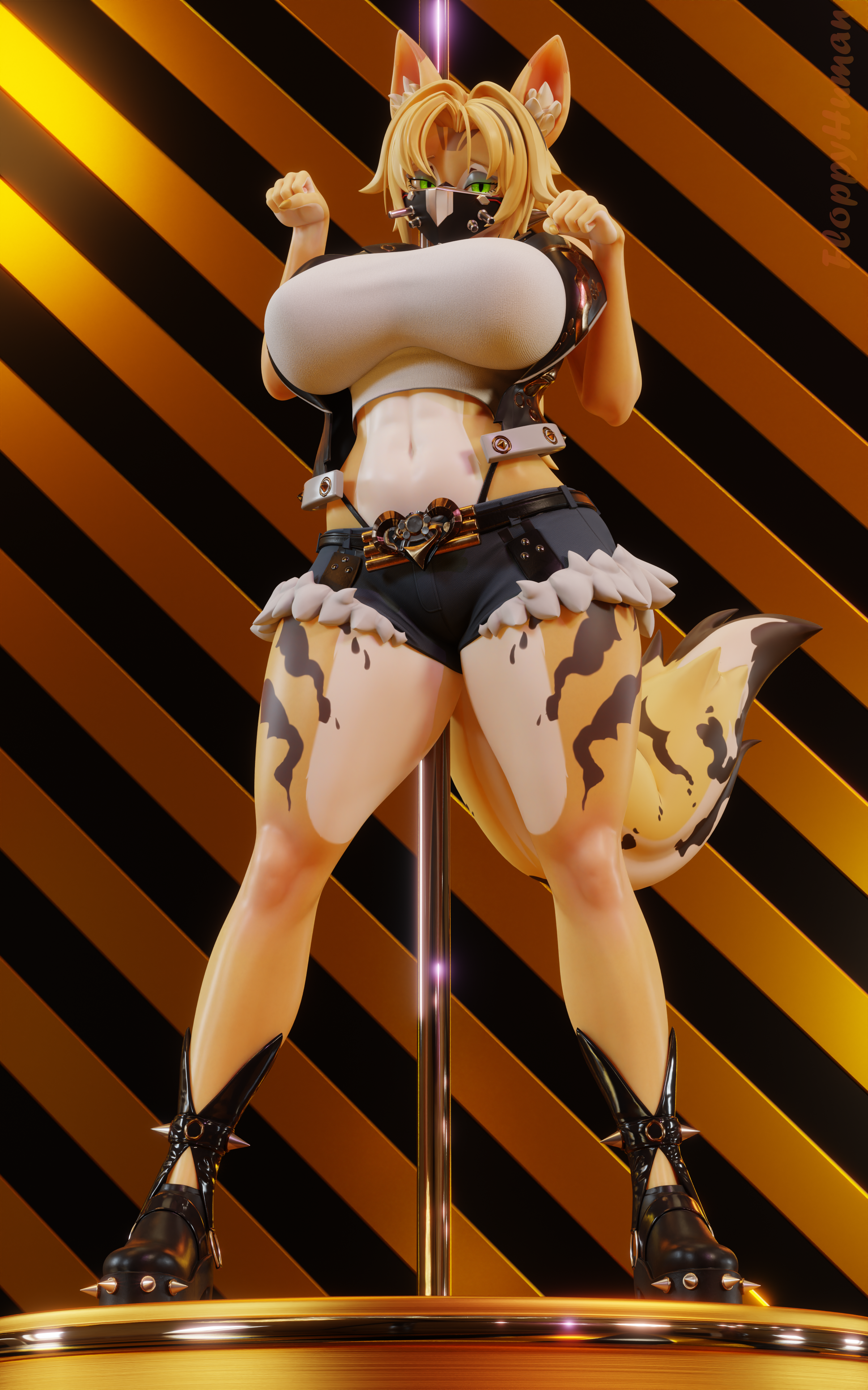1girls, 3d, big breasts, breasts, busty, clothing, crop top, cropped jacket, face mask, feline, female, female only, floppyhuman, green eyes, heels, huge breasts, large breasts, looking at viewer, png, pole, pulchra fellini, pulchra fellini (valorlynz), shoes, shorts, solo, stripper pole, tail, thick thighs, valorlynz, wide hips, zenless zone zero