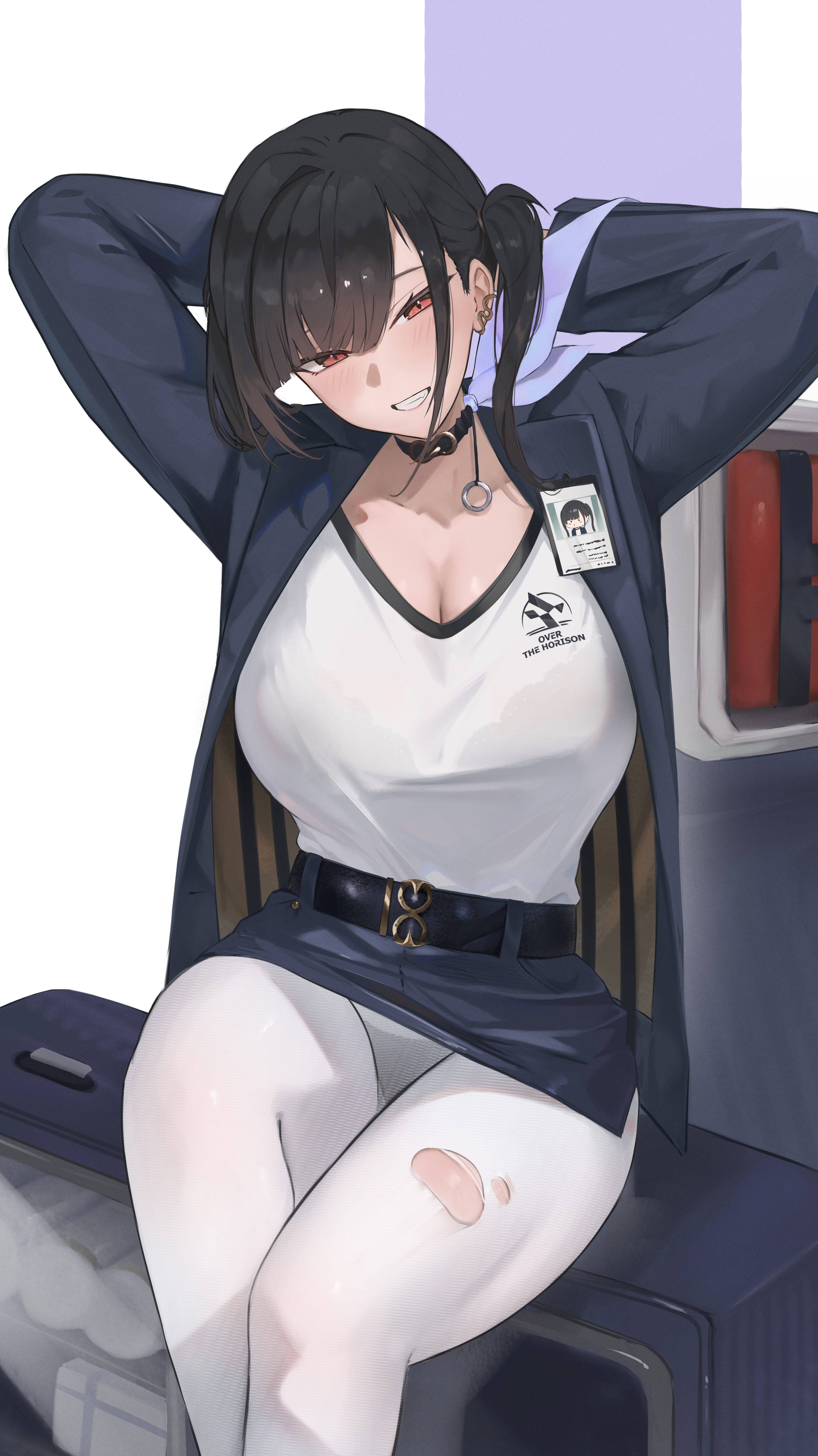 1girls, absurdres, arms behind head, arms up, belt, black belt, black collar, black hair, black jacket, blue skirt, blush, bra visible through clothes, breasts, cleavage, clothes writing, collar, commentary, elvandec, female, goddess of victory: nikke, grin, head tilt, highres, id card, jacket, large breasts, long hair, long sleeves, looking at viewer, miniskirt, open clothes, open jacket, panties, panties under pantyhose, pantyhose, pencil skirt, red eyes, shirt, simple background, sitting, sitting on object, skirt, smile, solo, sora (nikke), torn clothes, torn pantyhose, twintails, underwear, white background, white panties, white shirt