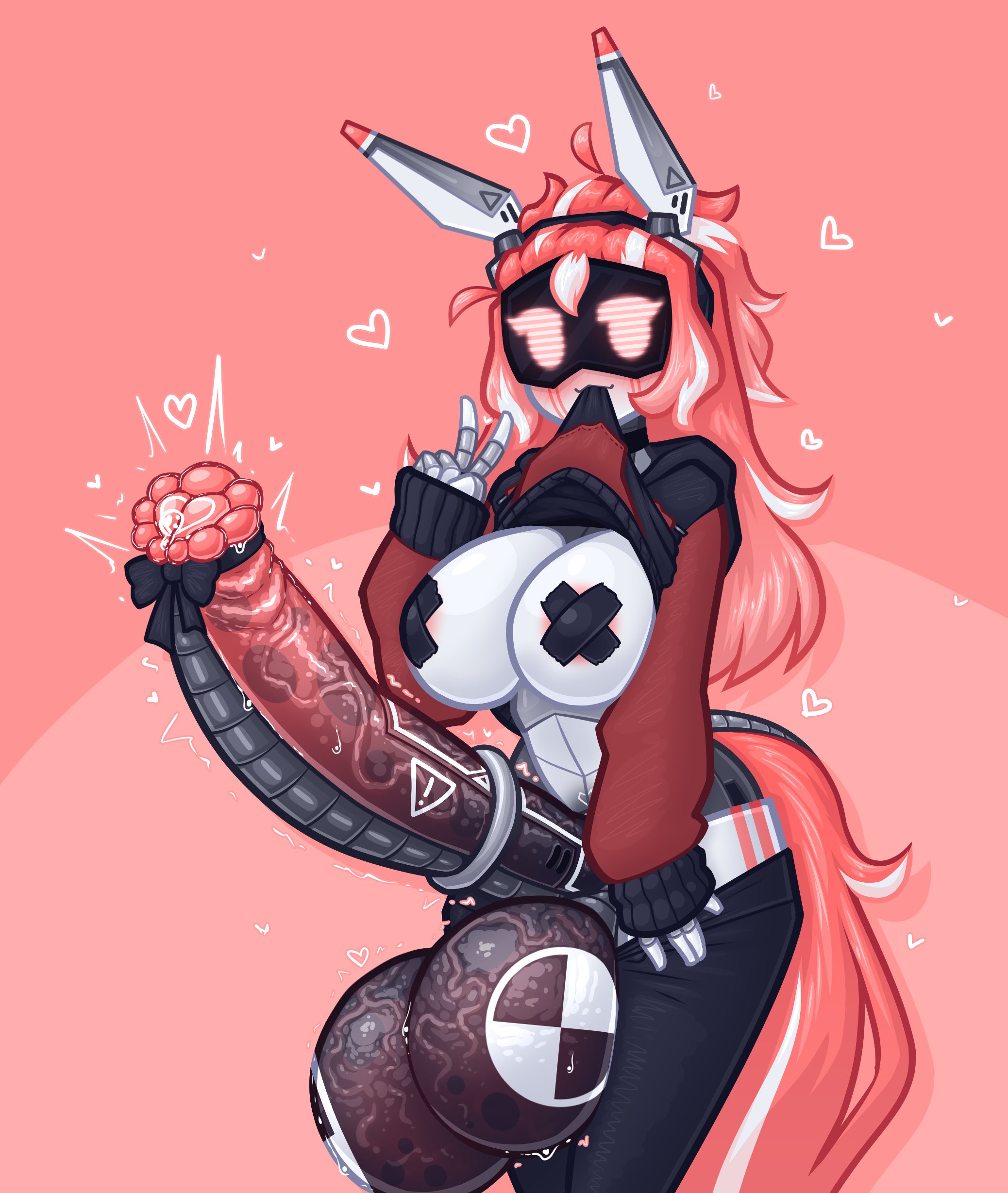 1futa, balls, big breasts, breasts, clothed, clothing, erection, futa only, futanari, horse girl, horsecock, huge balls, huge cock, humanoid, limebreaker, massive penis, nude, partially clothed, pasties, penis, pink hair, precum, red hair, robot girl, screen face, solo, standing, tape, veiny balls, wide hips