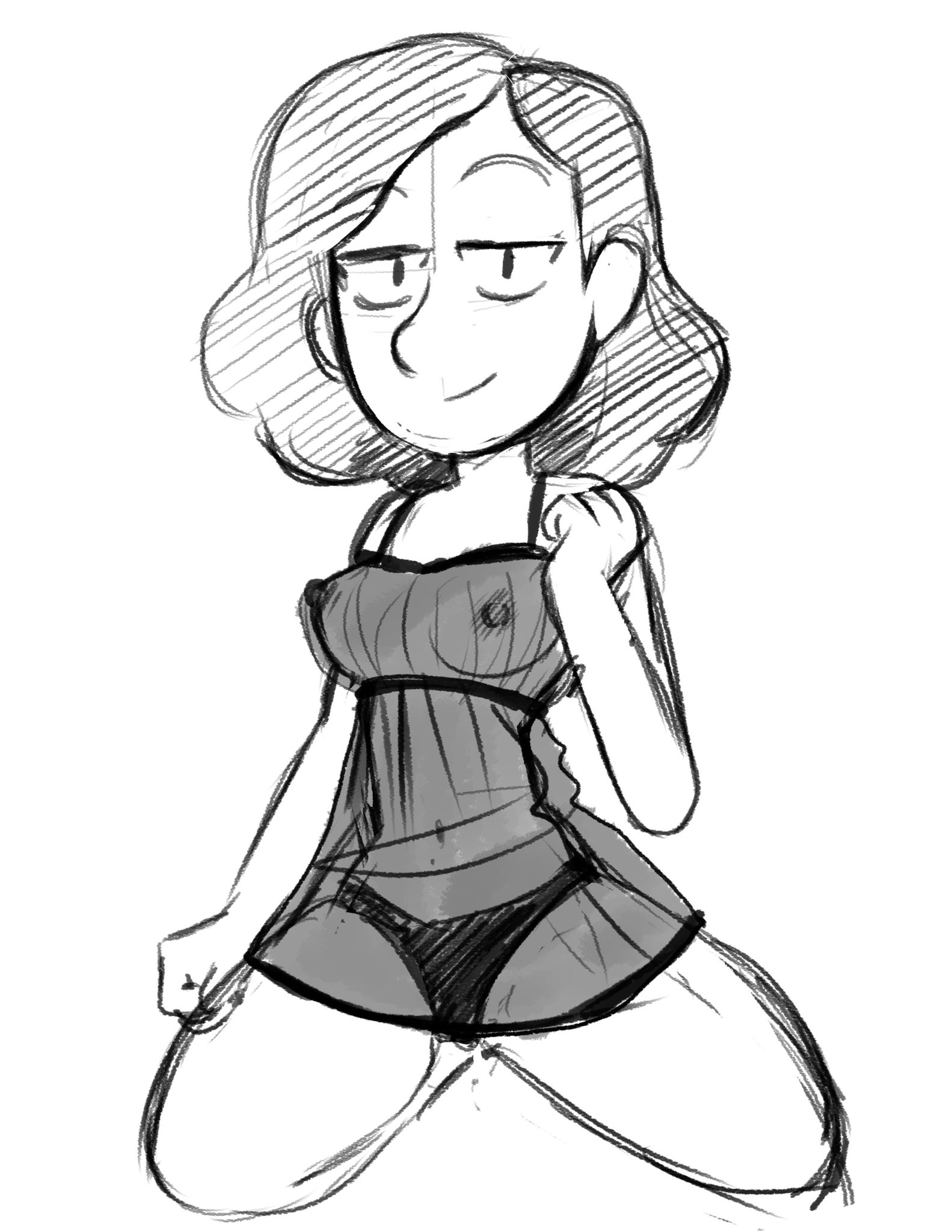1girls, 2019, breasts, female, female only, greyscale, hilda (series), inkershike, johanna (hilda), lenceria, lingerie, looking at viewer, milf, monochrome, nipples, sketch, smile, solo, tagme, white background