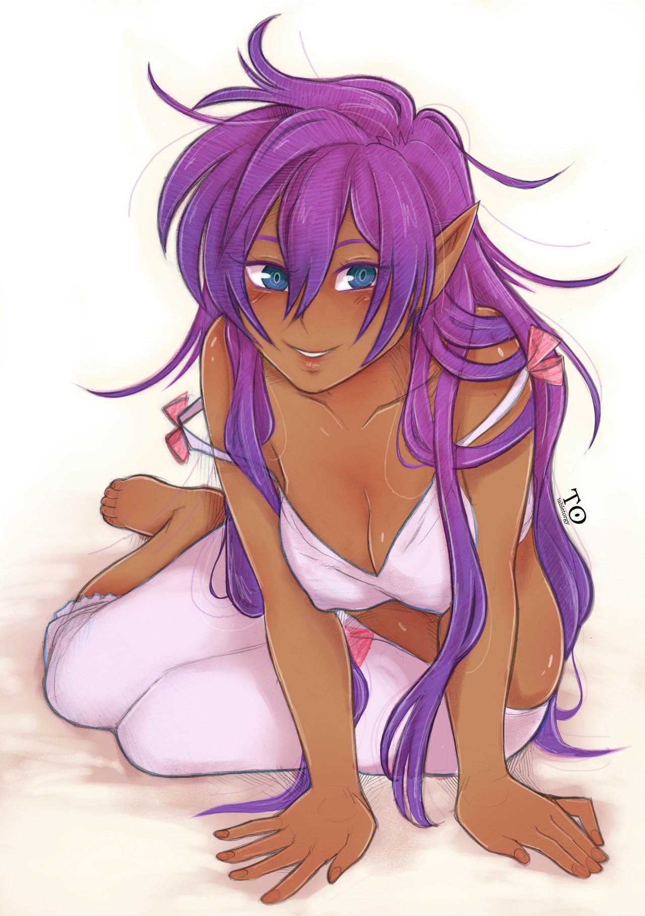 bare shoulders, big breasts, blue eyes, breasts, busty, cleavage, clothing, dark skin, dark-skinned female, erect nipples, female, genie, messy hair, nipple bulge, nipples, off shoulder, pajamas, pointy ears, purple hair, shantae, shantae (character), smooth skin, solo, strap slip, tabletorgy, tagme