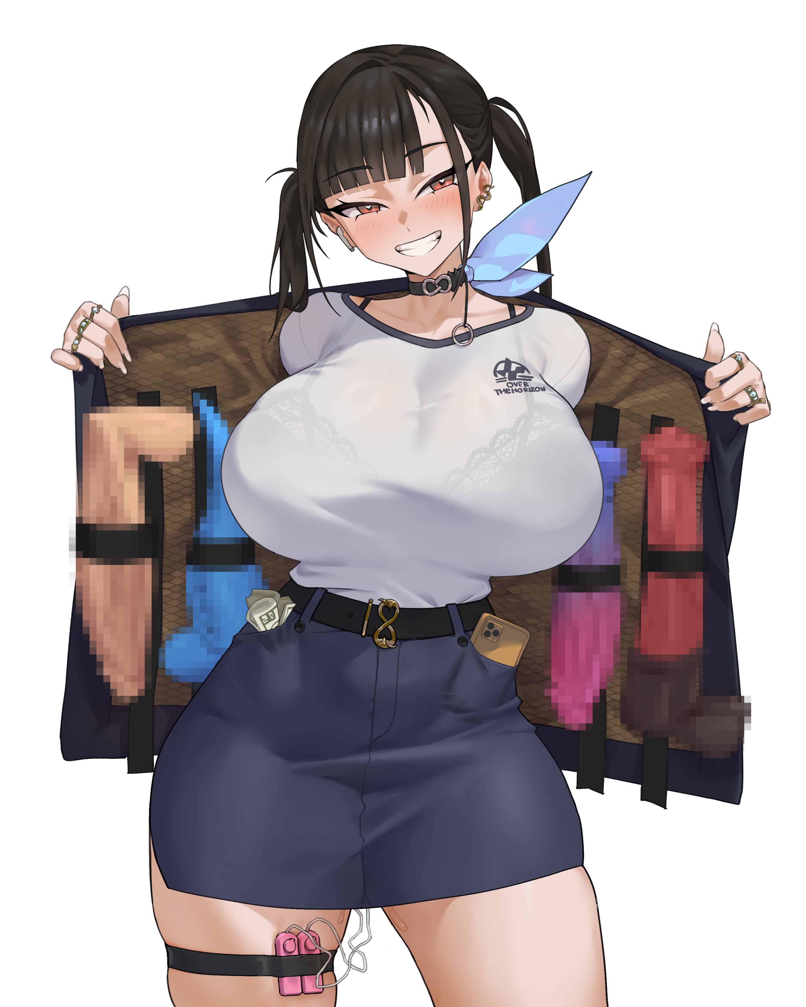 1girls, anchanindigo, big breasts, black hair, blush, breasts, censored, dildo, enjoying, female, flashing, goddess of victory: nikke, horsecock dildo, huge breasts, jewelry, looking at viewer, prostitution, red eyes, sex toy, smile, sora (nikke), tagme, vibrator, vibrator cord