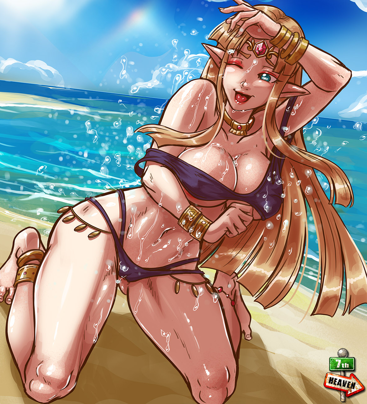 1girls, 7th-heaven, a link between worlds, artist name, big breasts, bikini, blonde hair, breasts, cleavage, clothing, female, female only, hair, hylian, nintendo, one eye closed, pointy ears, princess, princess zelda, solo, the legend of zelda, video games, water, watermark, zelda (a link between worlds)
