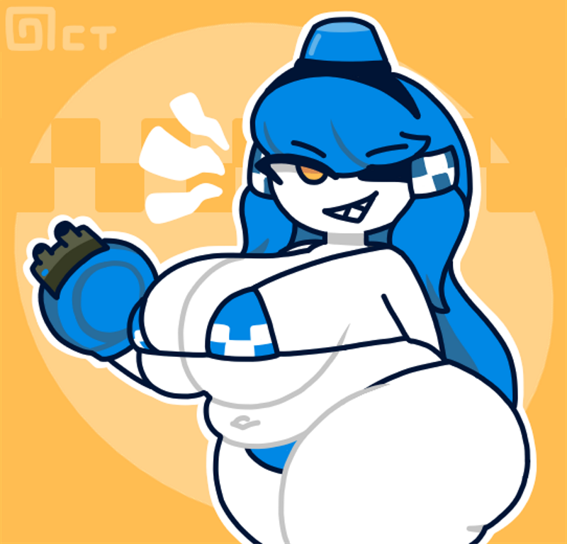 1girls :d ass blue_hair breasts female_only huge_ass huge_breasts long_hair mimi_sentry mini_sentry navel octotron2000 orange_eyes plump robot self_upload sharp_teeth skindentation smug solo solo_female team_fortress_2 thick_thighs valve wide_hips