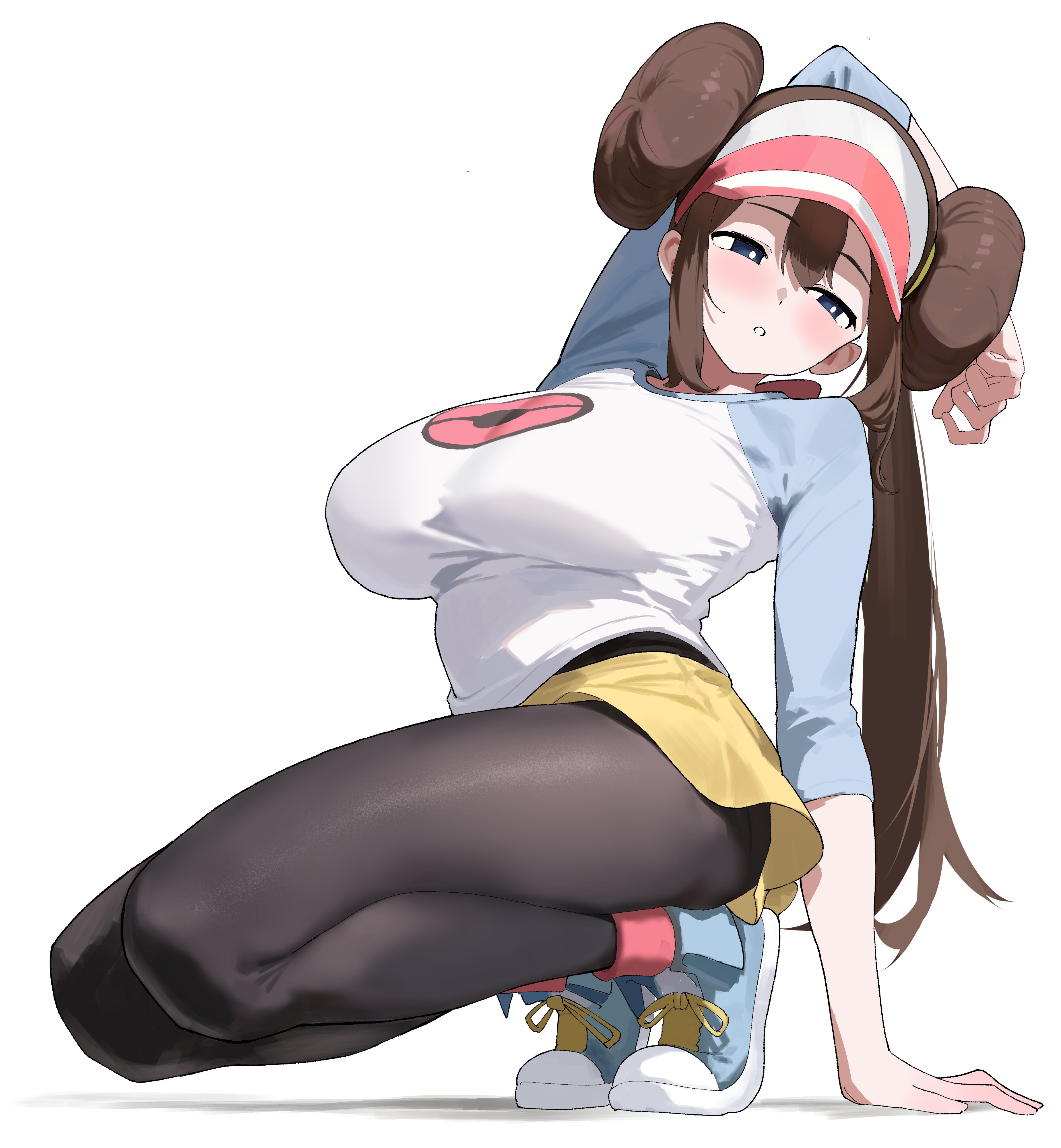 absurdres, big breasts, blue eyes, blue shoes, blush, breasts, brown hair, commentary request, double bun, female, female only, hair between eyes, hair bun, hat, highres, large breasts, long hair, looking down, nintendo, pantyhose, parted lips, pokemon, pokemon bw2, rosa (pokemon), shirt, shoes, skirt, sneakers, solo, squatting, twintails, visor cap, white hat, white shirt, yellow skirt, yue3621