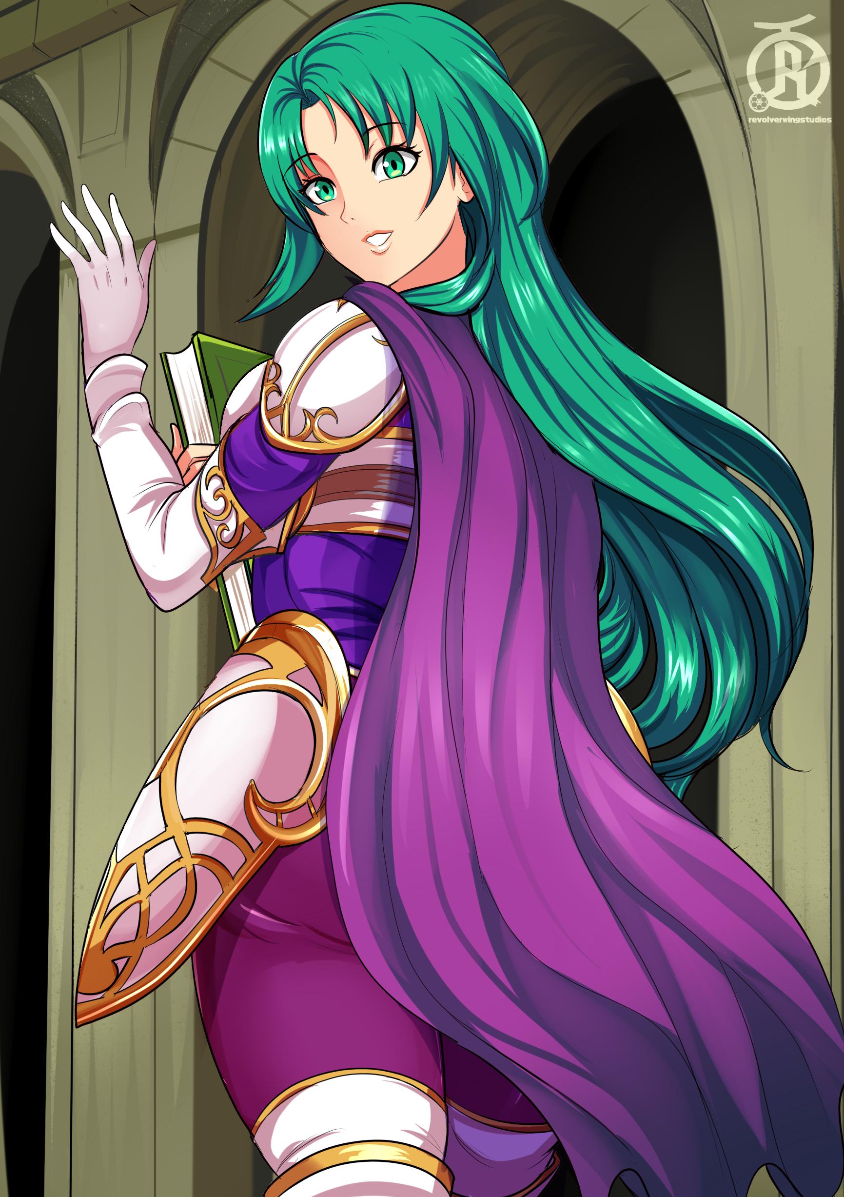 1girls, book, cape, cecilia (fire emblem), color, female, female only, fire emblem, fire emblem: the binding blade, fully clothed, green eyes, green hair, revolverwingstudios, smile, solo