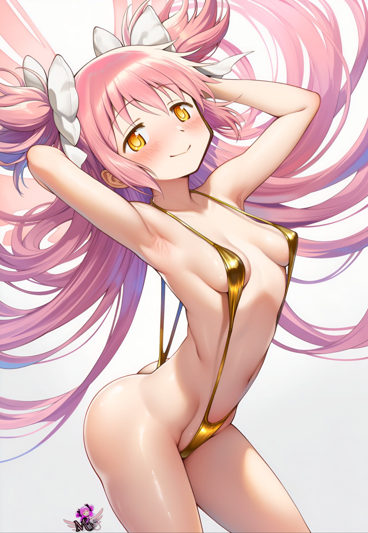 1girl, ai generated, artist logo, ass, ass visible from the front, bikini, blush, blushing, butt, curvy, curvy figure, female, female focus, female only, flowing hair, goddess, golden bikini, golden swimsuit, hair ribbon, hi res, long hair, madoka kaname, madoka worship, magic user, magical girl, mahou shoujo madoka magica, medium breasts, petite, petite body, petite female, pink hair, puella magi madoka magica, ribbon, ribbons, side view, simple background, sling bikini, solo, solo female, solo focus, twintails, ultimate madoka, very long hair, white background, white ribbon, yellow eyes