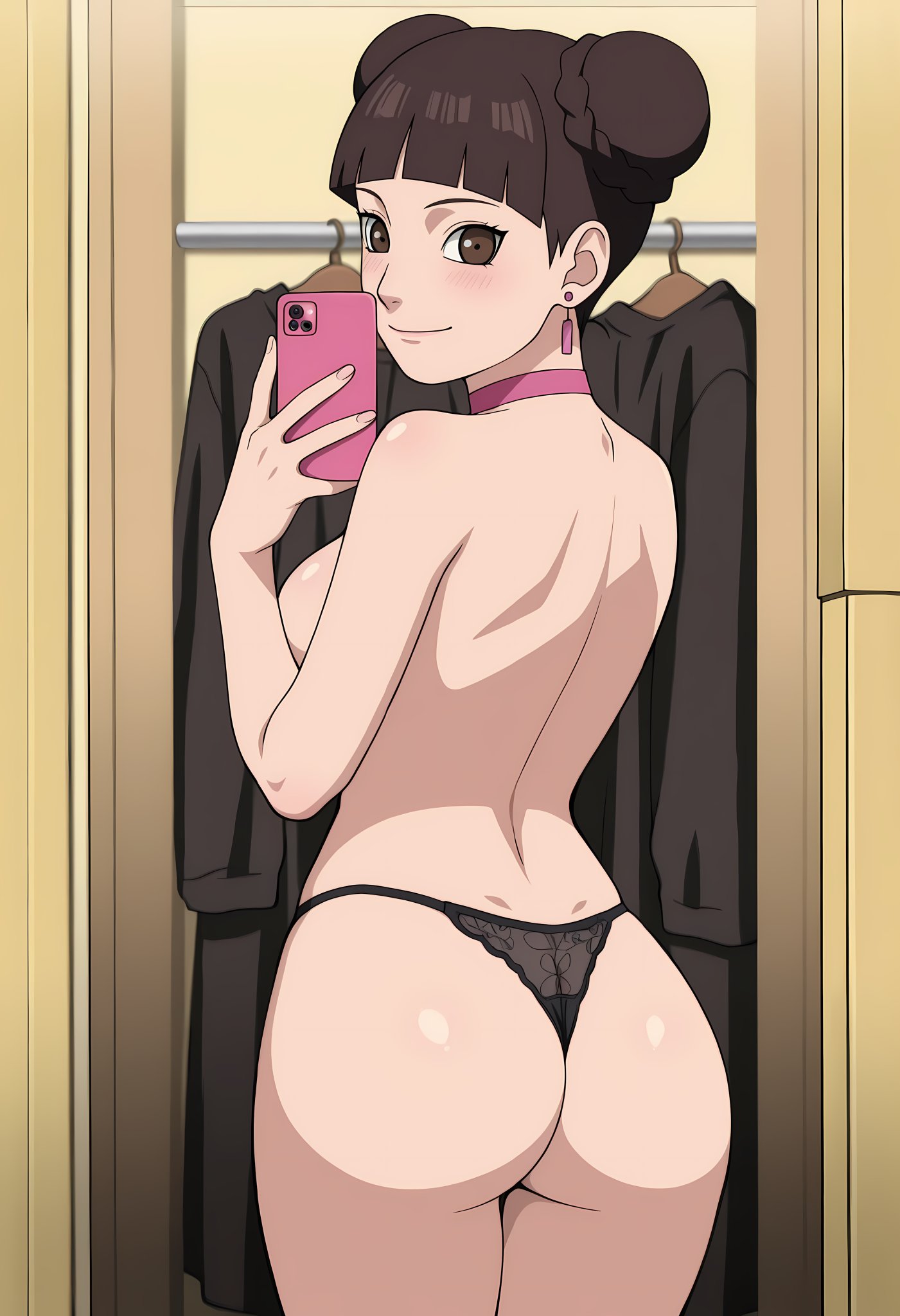1girls, ai generated, ass, ass focus, bangs, big ass, blunt bangs, blush, blush lines, boruto: naruto next generations, bottom heavy, breasts, brown eyes, brown hair, bubble ass, bubble butt, cellphone, choker, double bun, female, female only, fitting room, high resolution, holding object, huge ass, innie pussy, light skin, light-skinned female, lingerie, looking at viewer, looking back, looking back at viewer, milf, narugirlshot, naruto, naruto (series), nice ass, no bra, on side, panties, petite, presenting, presenting ass, presenting hindquarters, pussy, selfie, shiny, shiny hair, shiny skin, sideboob, small breasts, smartphone, smile, solo, solo female, solo focus, standing, taking selfie, tenten, thick ass, thighs, thong, tied hair, topless, twin buns, uncensored, underwear