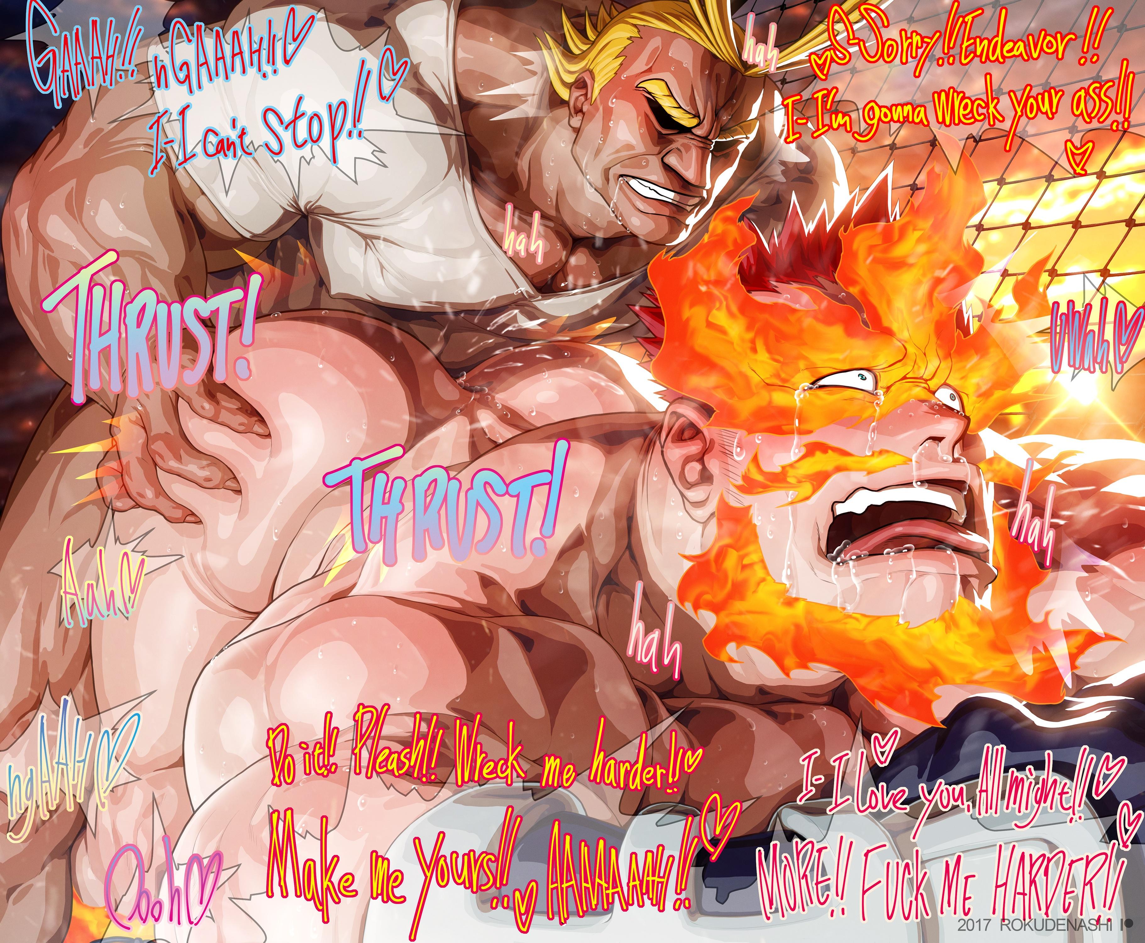 all might, anal, anal sex, ass, bara, big penis, bubble ass, bubble butt, endeavor (my hero academia), enji todoroki, gay, hyper penis, male, male only, moaning, my hero academia, penis, rokudenashi, sex, text, yaoi
