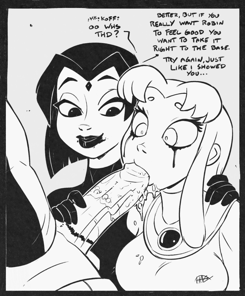 1boy, 2girls, assisted fellatio, beast boy, black lipstick, dc, dc comics, fellatio, female, forehead jewel, garfield logan, hagfish, koriand'r, lipstick, lipstick mark, lipstick on penis, male, monochrome, multiple females, multiple girls, oral, oral sex, penis, rachel roth, raven (dc), sex, starfire, teamwork, teen titans, threesome