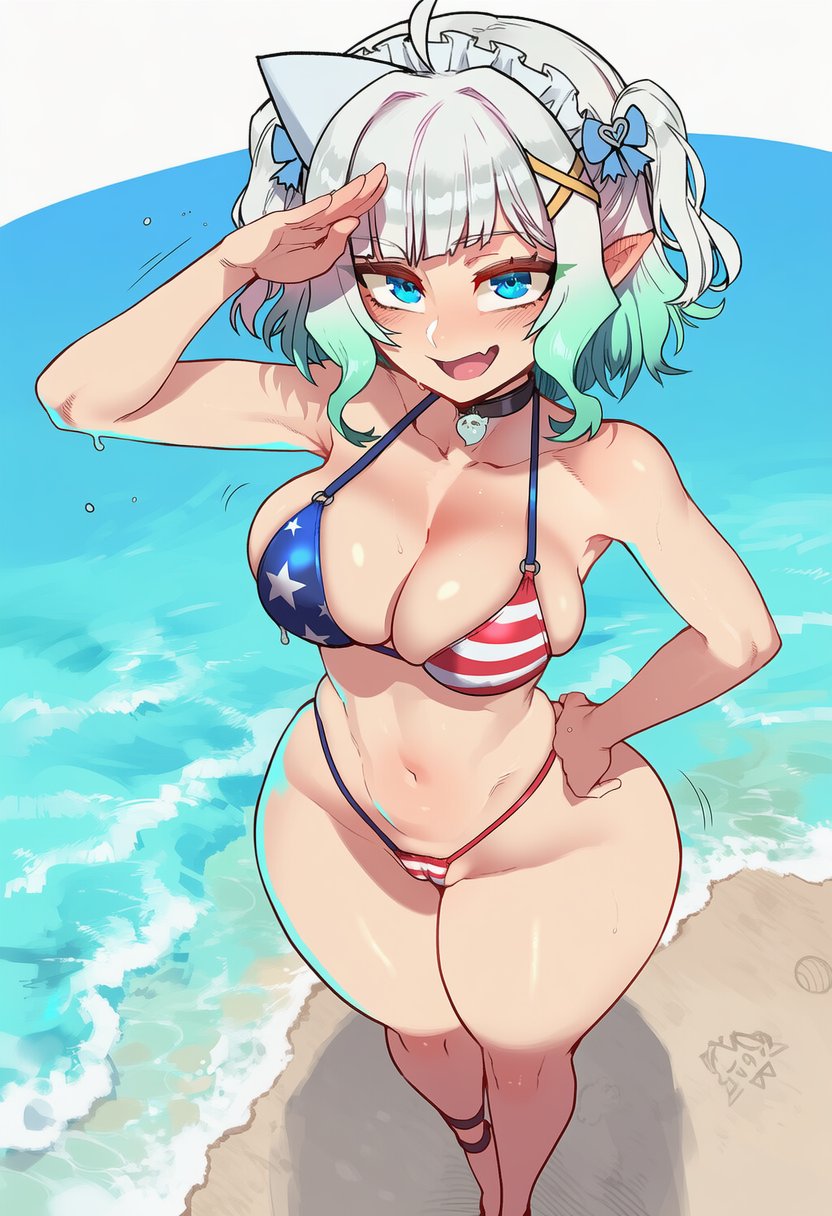 ai generated, alternate breast size, american flag bikini, beach, big breasts, breasts, densetsu.exe, female, large breasts, mint fantome, virtual youtuber, wumiai
