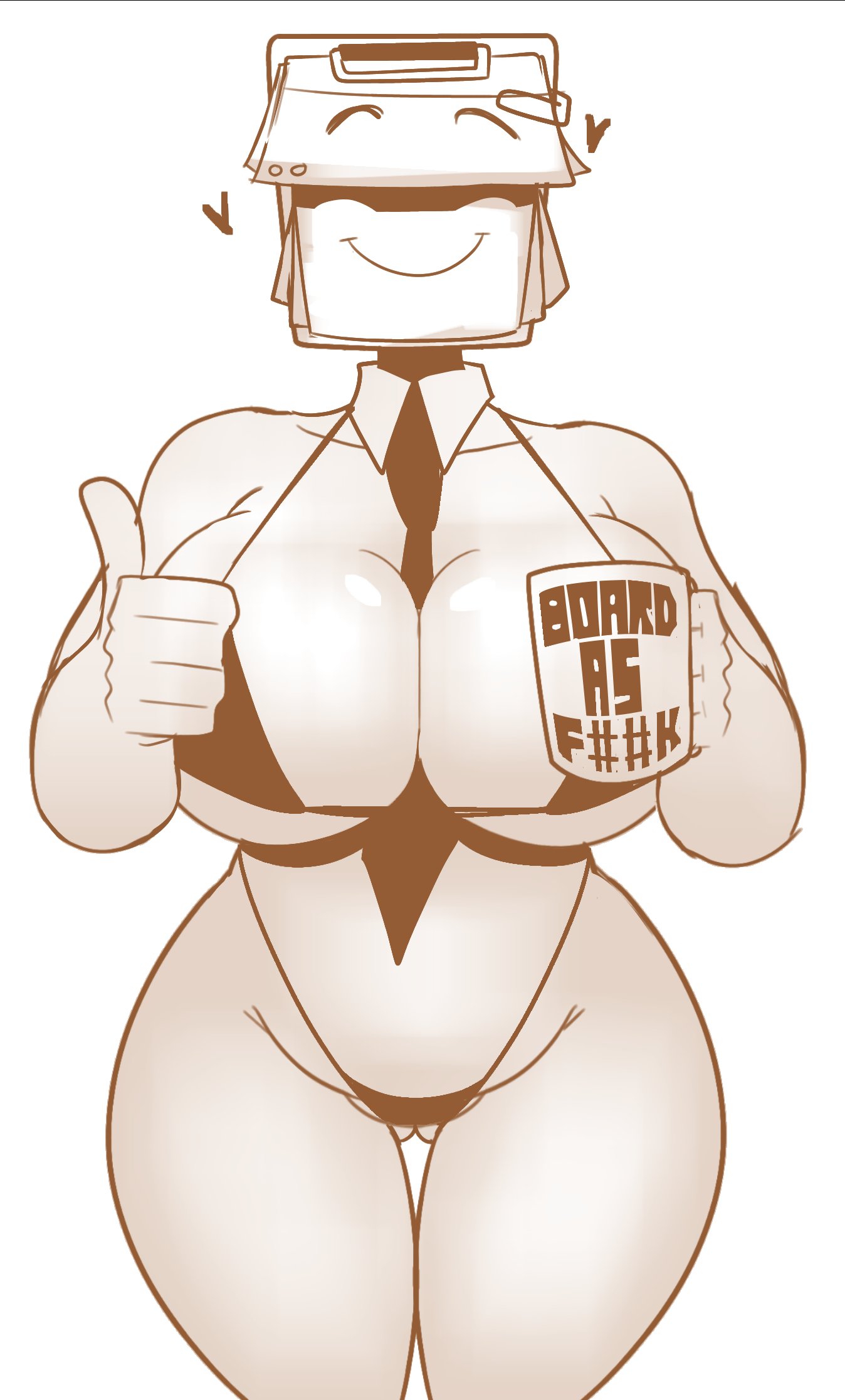 1girls, 2020s, 2025, 2d, 2d (artwork), ass, ass visible through thighs, barely clothed, big ass, big breasts, big butt, breasts, child bearing hips, cleavage, clipboard, coffee, coffee mug, curvy, curvy body, curvy female, curvy figure, english, english text, eyebrows, female, female focus, female only, hearts around head, hi res, highres, hips, hourglass figure, huge breasts, large breasts, looking at viewer, midriff, navel, object head, original, original character, panties, pinup, sandra (srrealleaf), simple background, slim waist, smile, smiling, solo, solo female, srrealleaf, thick thighs, thighs, thumbs up, tie, white background, wide hips