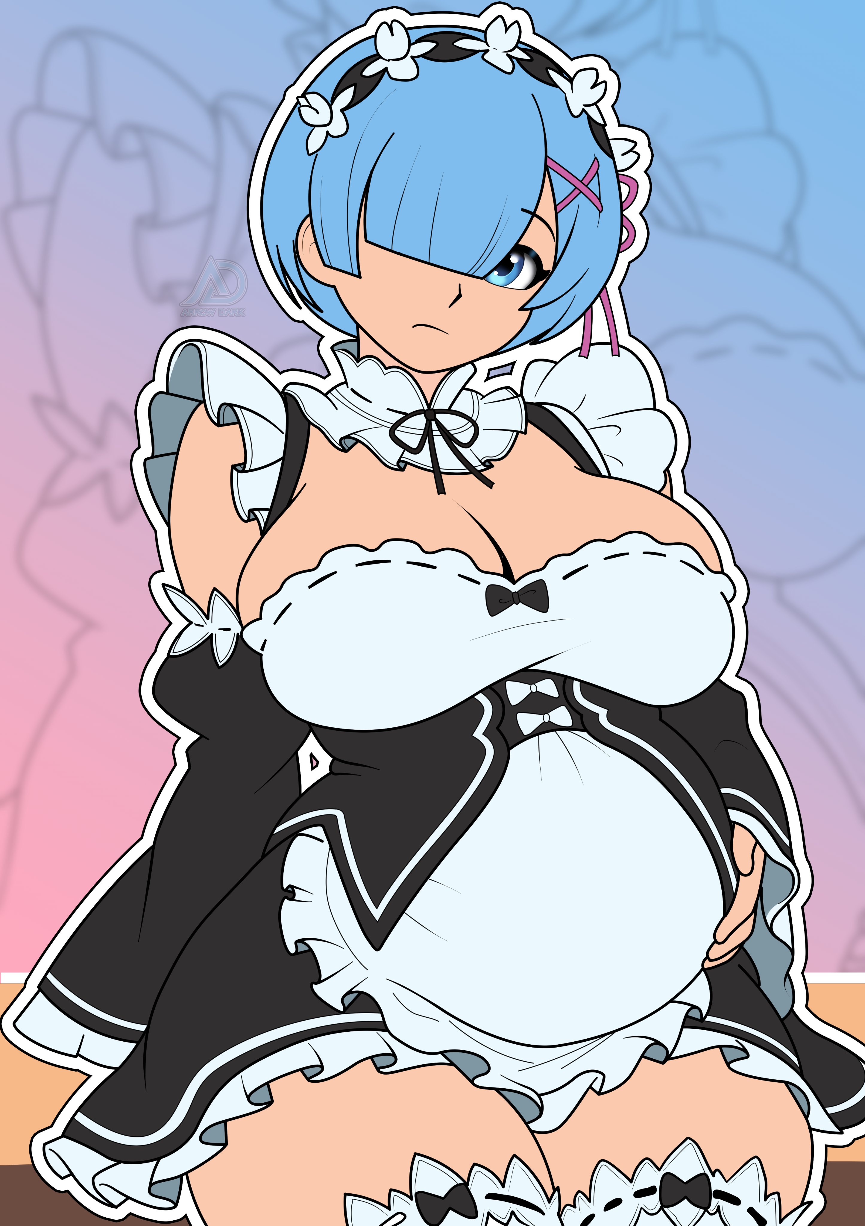 1girls, absolute territory, arrowdark, big belly, big breasts, bloated belly, blue eyes, blue hair, cleavage, clothed, clothing, female, female only, hair over one eye, maid, maid uniform, oni, pregnant, re:zero kara hajimeru isekai seikatsu, rem (re:zero), thick thighs