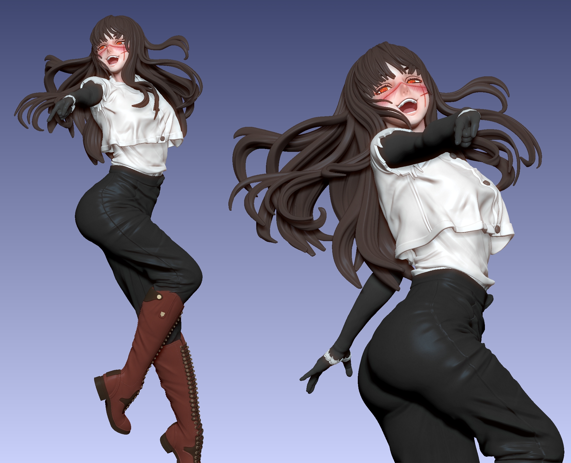 1girls, 3d, 3d (artwork), 3d model, 3d render, black footwear, black gloves, black hair, blush, boots, brunette hair, chainsaw man, chest, dominant female, elbow gloves, female, female focus, female only, femdom, figure, gloves, heel boots, heeled boots, highres, lace, lace-up boots, laced boots, laughing, laughing at viewer, leather, leather boots, leather clothing, leather gloves, long gloves, long hair, long legs, long-haired female, looking at viewer, pants, pointing at viewer, red eyes, riding boots, saltsculpt3d, scars, shiny clothes, shiny footwear, shiny legwear, shirt, thighs, tight clothes, tight clothing, tight pants, yellow eyes, yoru (chainsaw man)